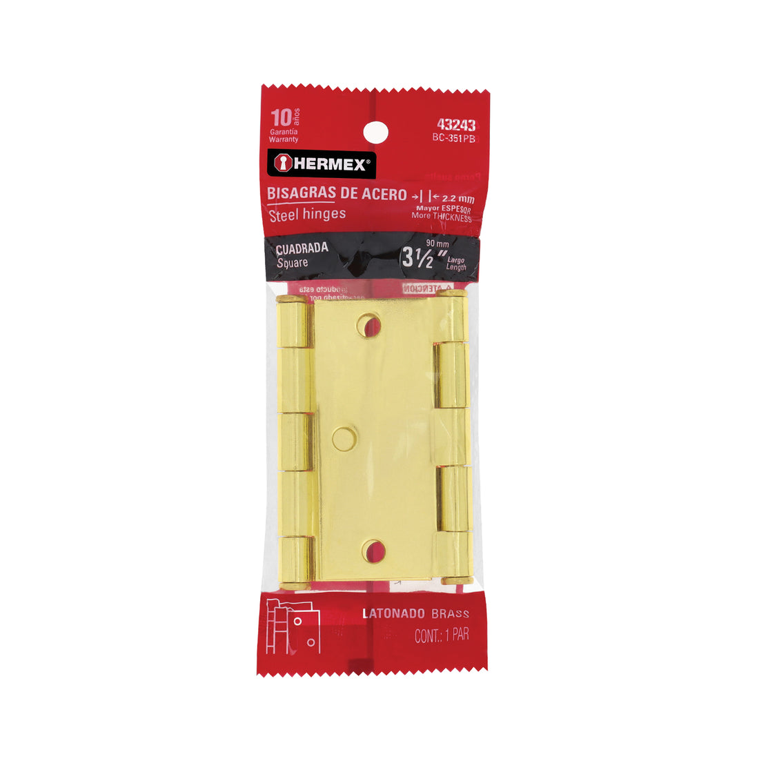 Bolsa 2 bisagras cuadradas 3-1/2" latonado, cabeza plana