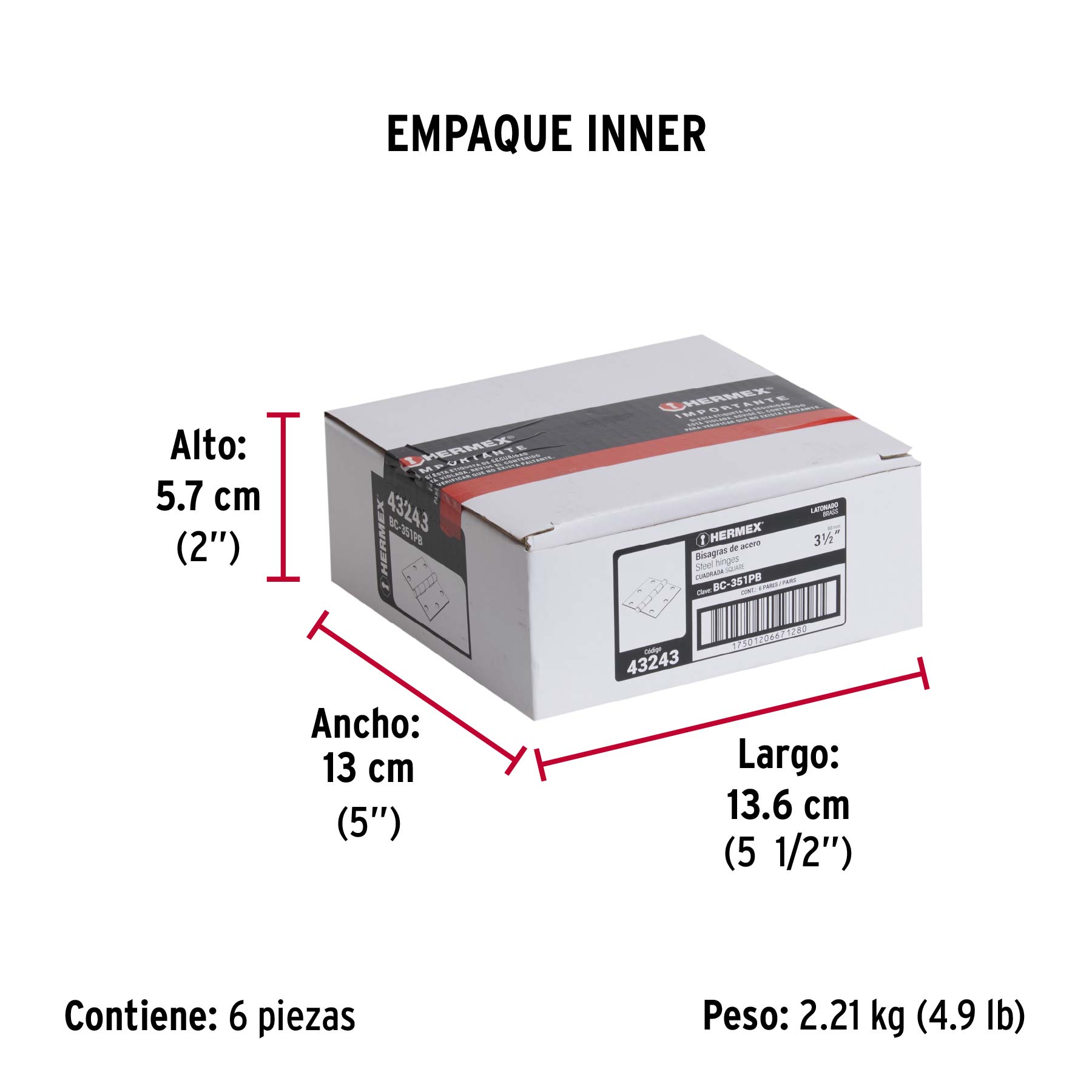 Bolsa 2 bisagras cuadradas 3-1/2" latonado, cabeza plana - Empaque
