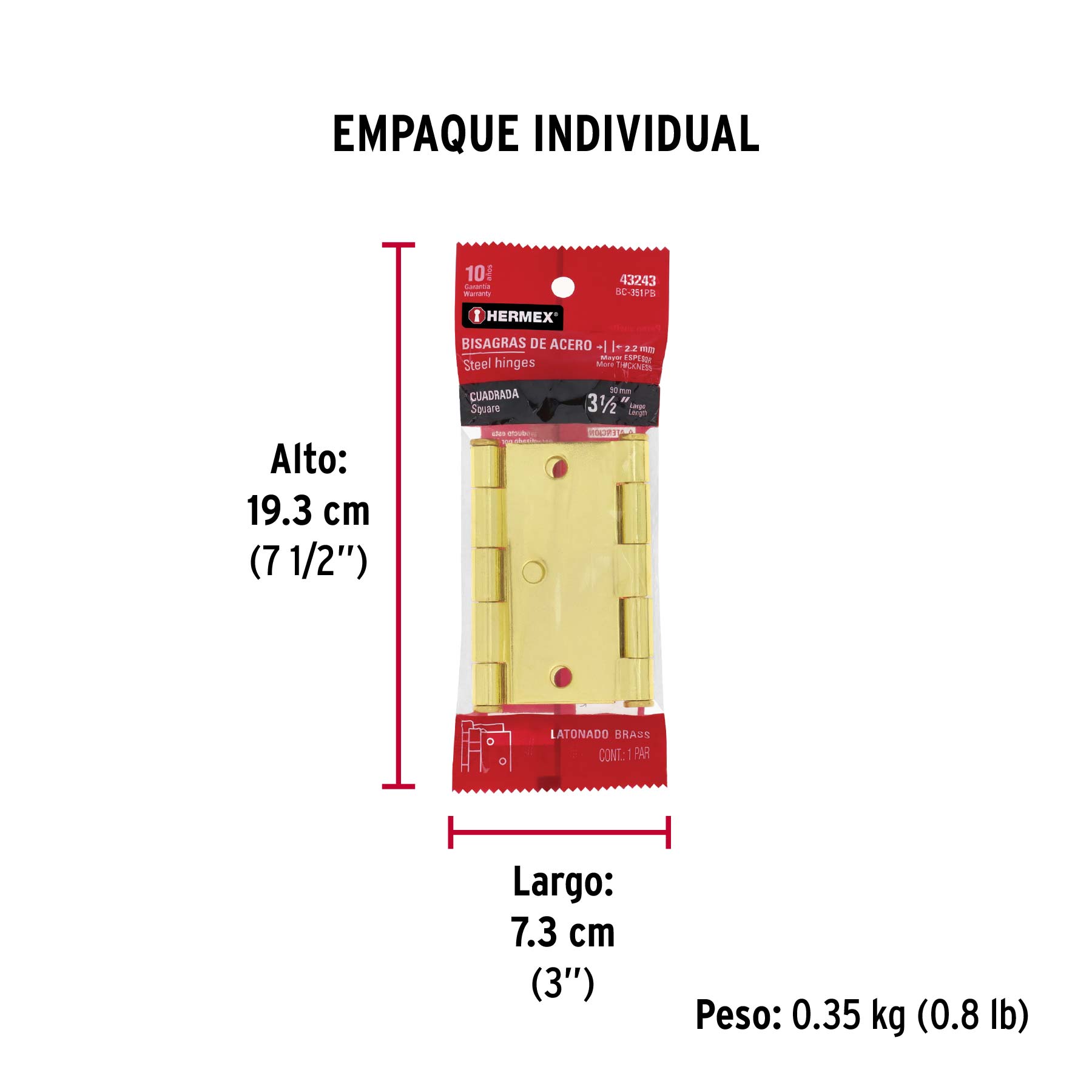 Bolsa 2 bisagras cuadradas 3-1/2" latonado, cabeza plana - Empaque