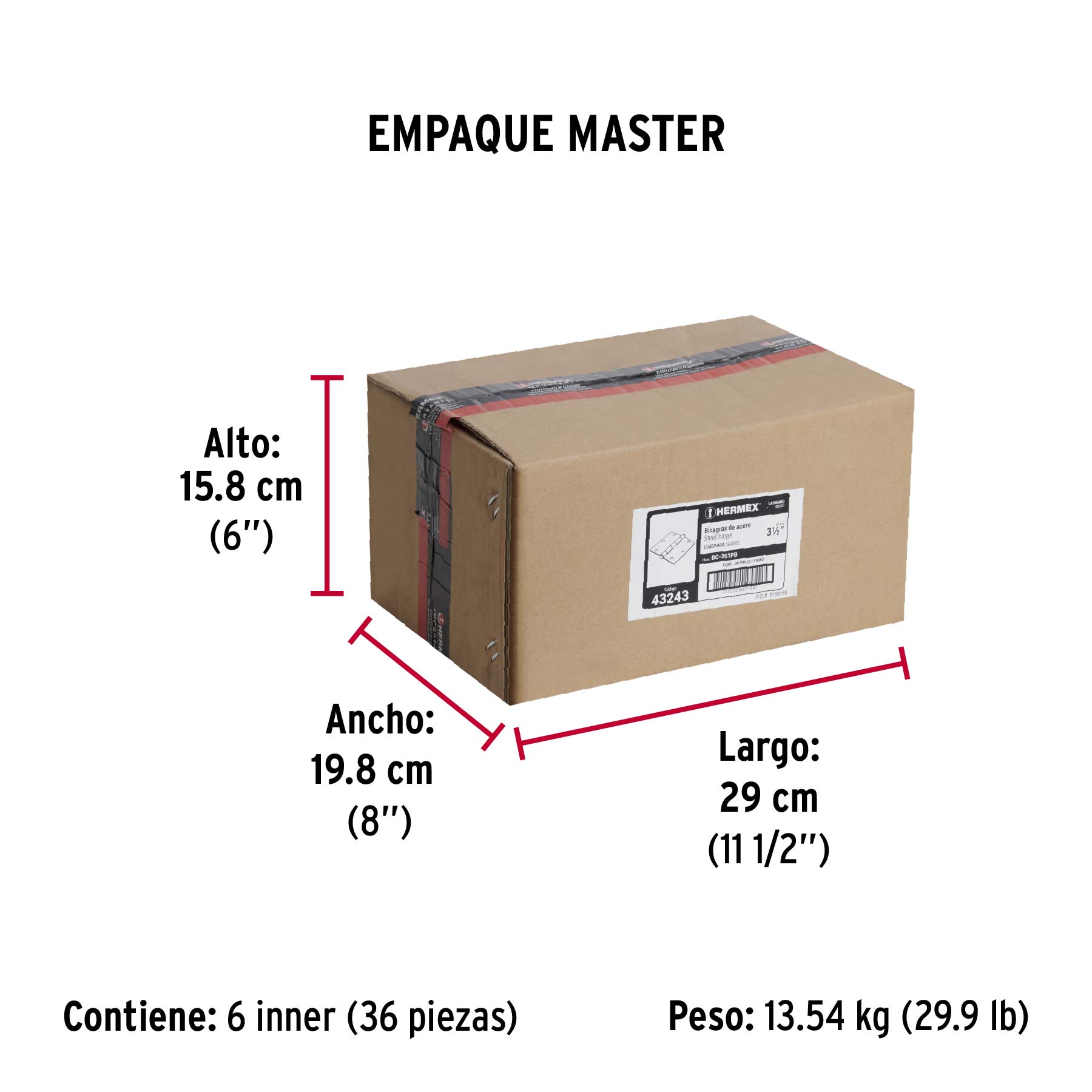 Bolsa 2 bisagras cuadradas 3-1/2" latonado, cabeza plana - Empaque