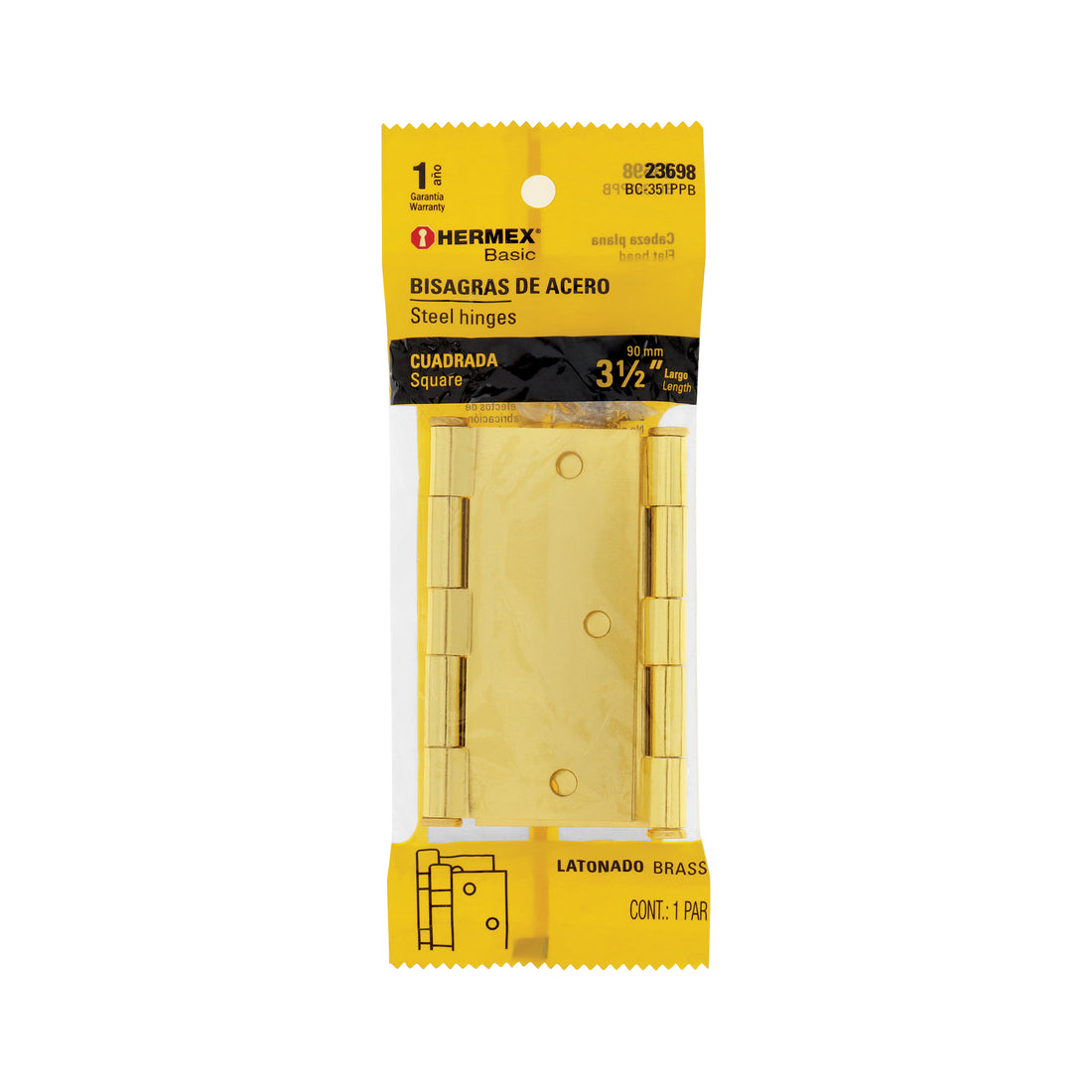 Bolsa c/2 bisagras cuadradas 3-1/2",latonado, HERMEX BASIC