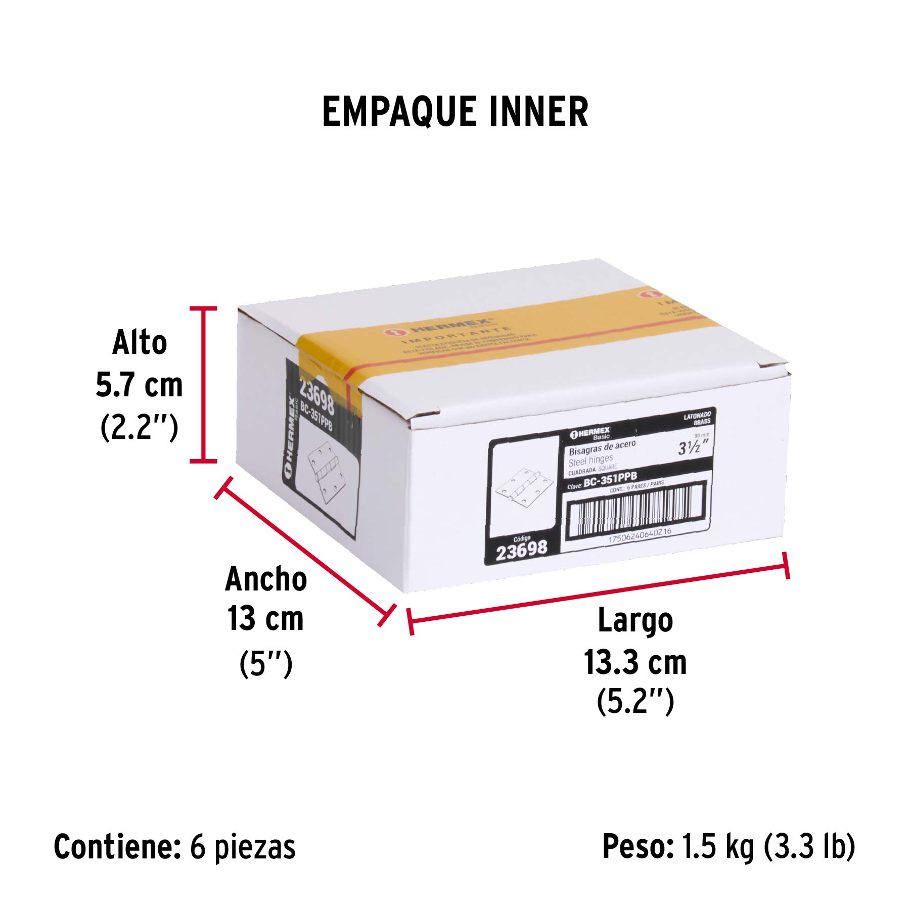 Bolsa c/2 bisagras cuadradas 3-1/2",latonado, HERMEX BASIC - Empaque