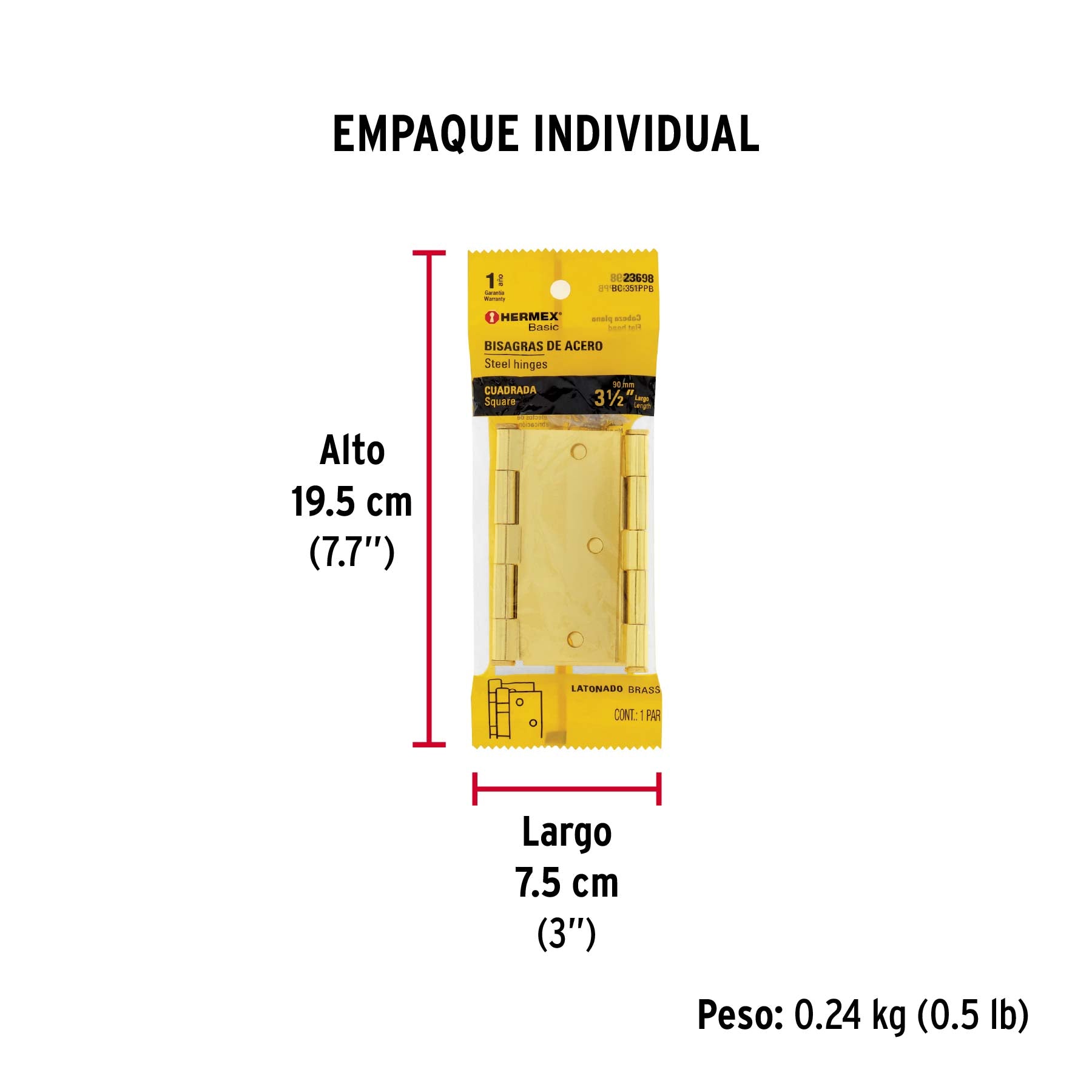 Bolsa c/2 bisagras cuadradas 3-1/2",latonado, HERMEX BASIC - Empaque