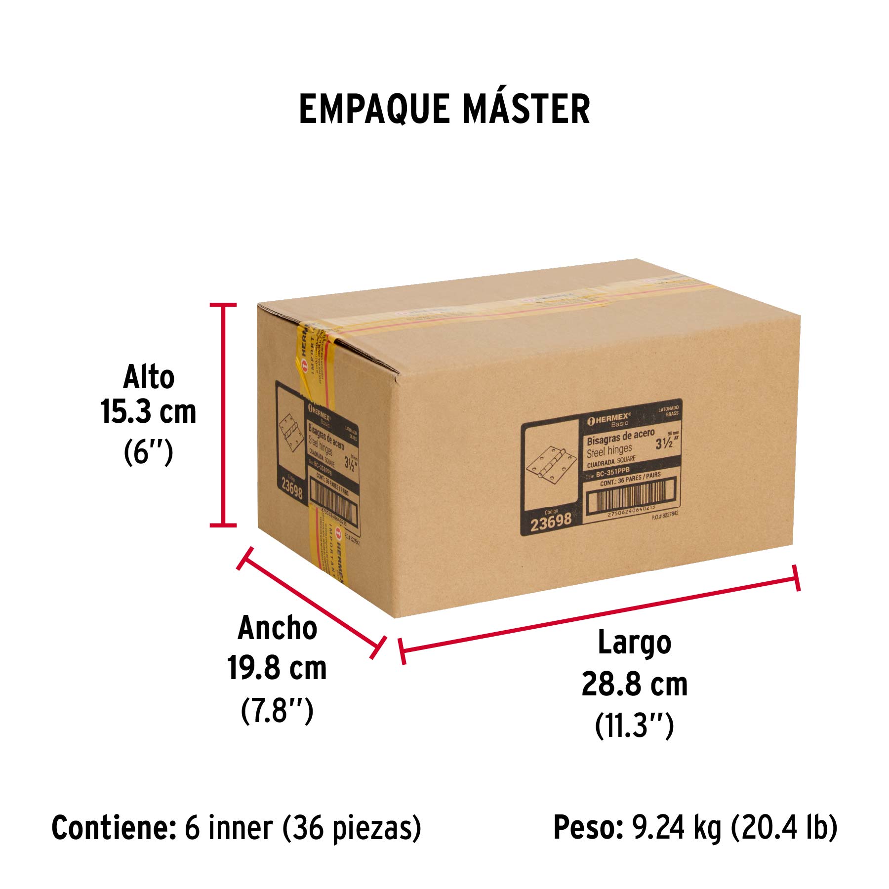 Bolsa c/2 bisagras cuadradas 3-1/2",latonado, HERMEX BASIC - Empaque