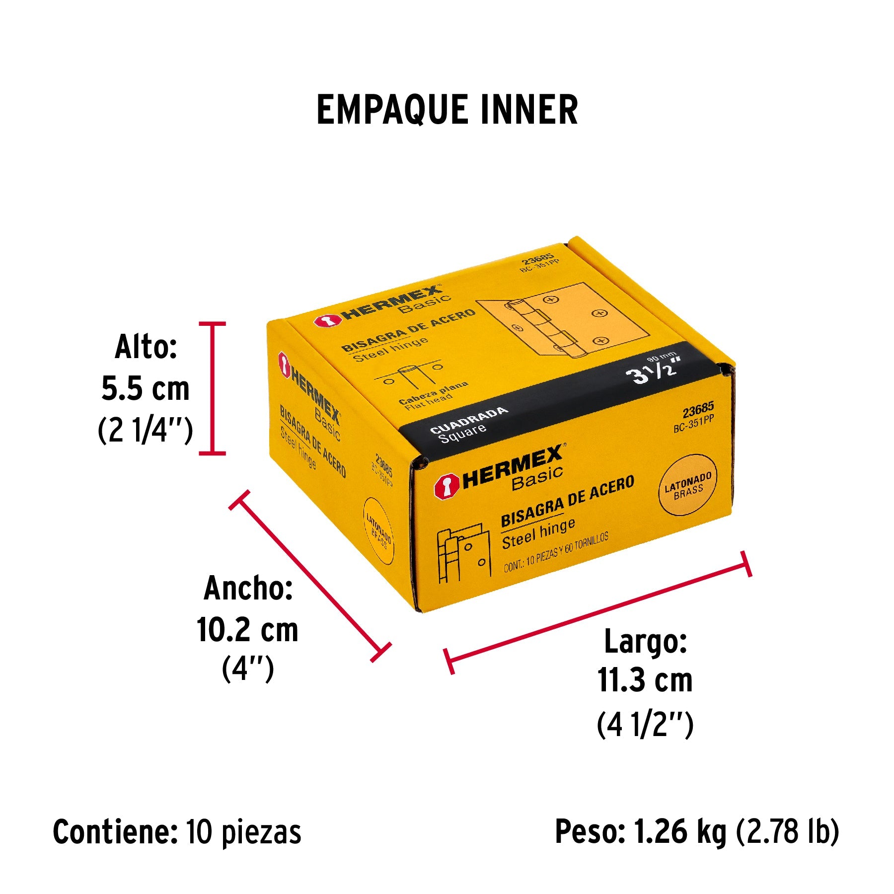 Bisagra cuadrada 3-1/2",latonado, cabeza plana, HERMEX BASIC - Empaque
