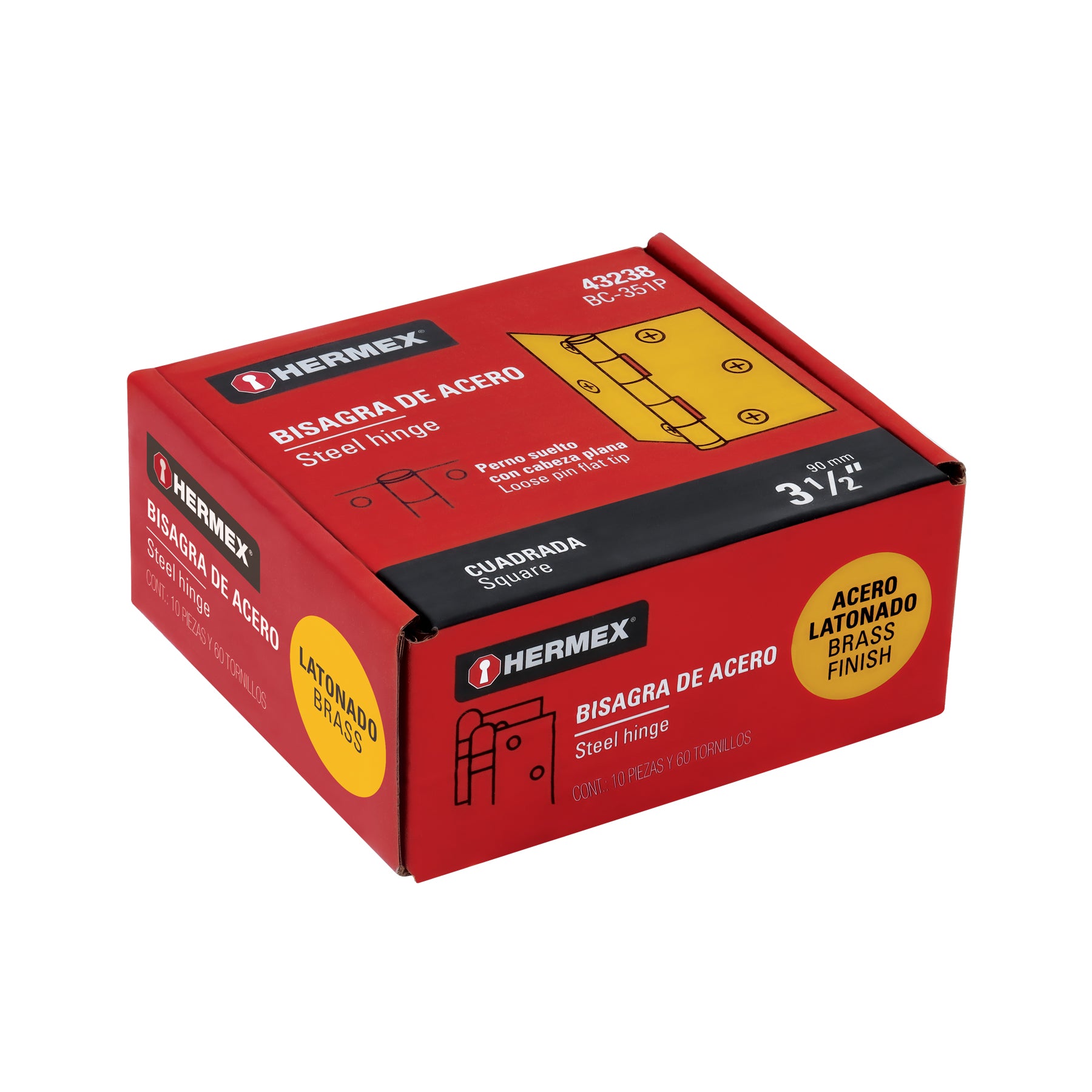 Bisagra cuadrada 3-1/2", latonado, cabeza plana, HERMEX