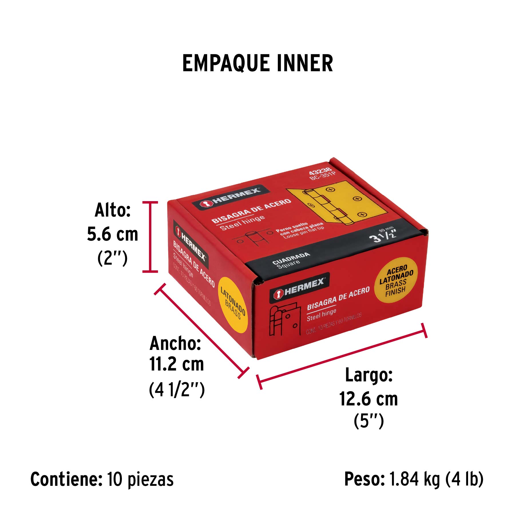 Bisagra cuadrada 3-1/2", latonado, cabeza plana, HERMEX - Empaque