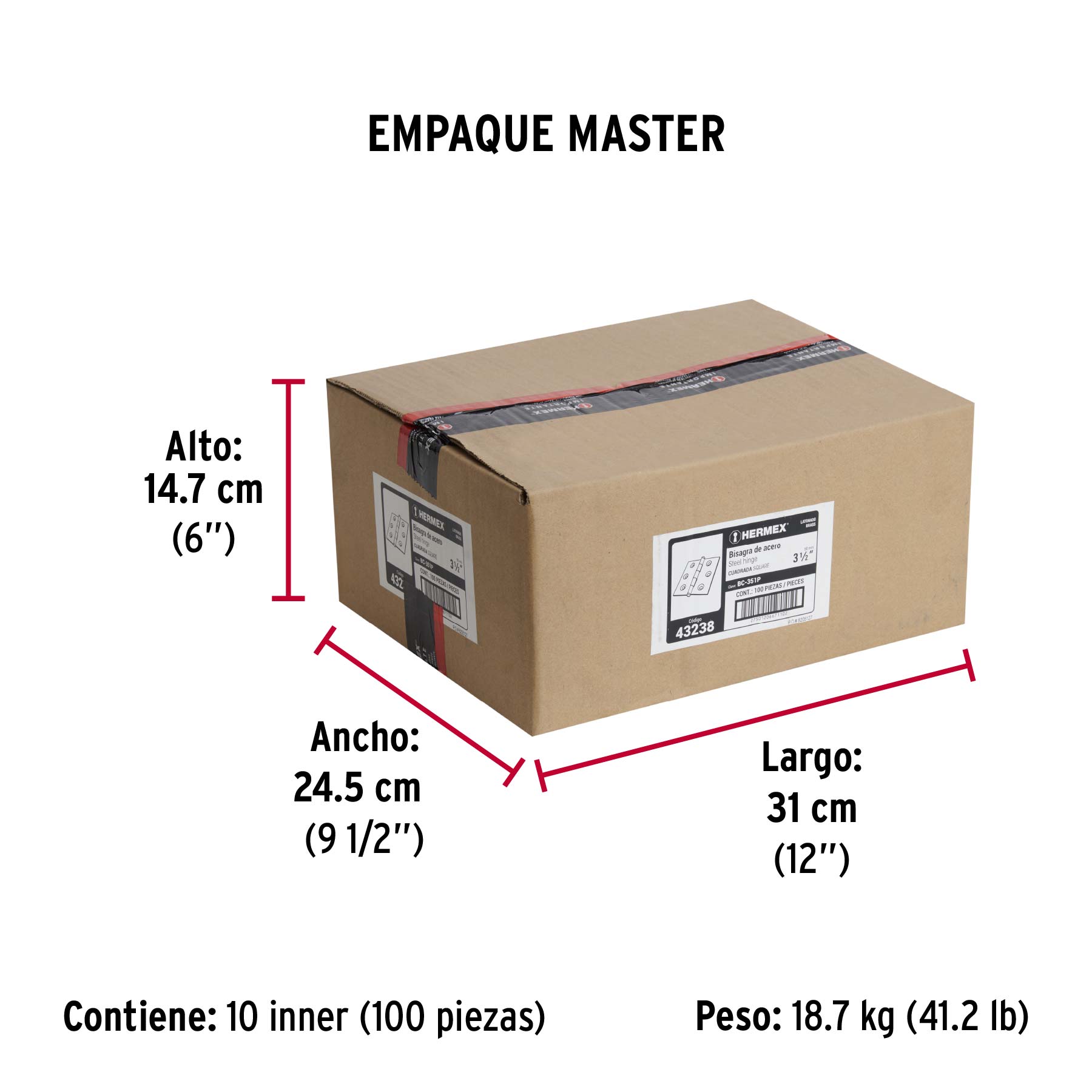 Bisagra cuadrada 3-1/2", latonado, cabeza plana, HERMEX - Empaque