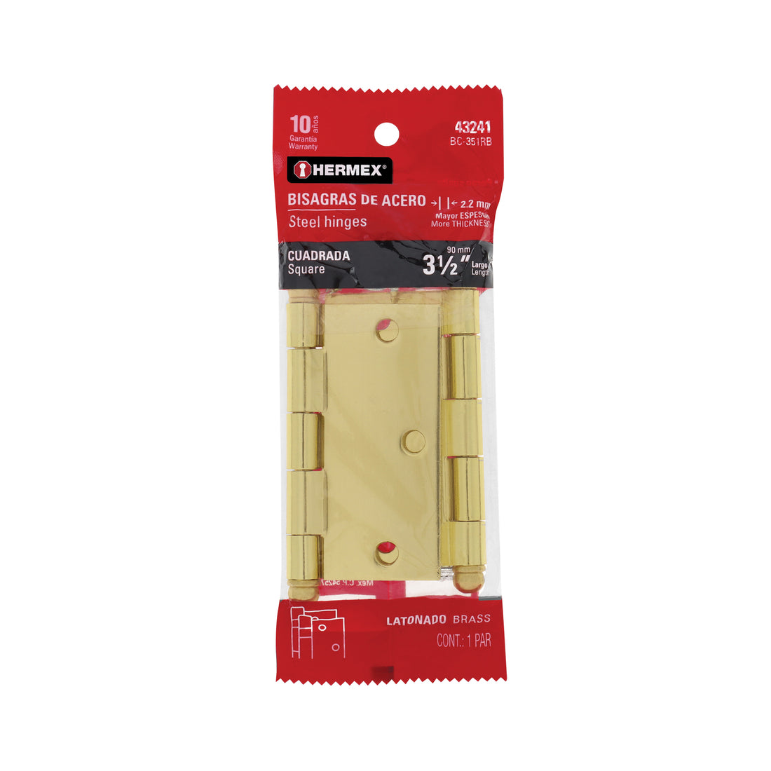 Bolsa 2 bisagras cuadradas 3-1/2" latonado, cabeza redonda