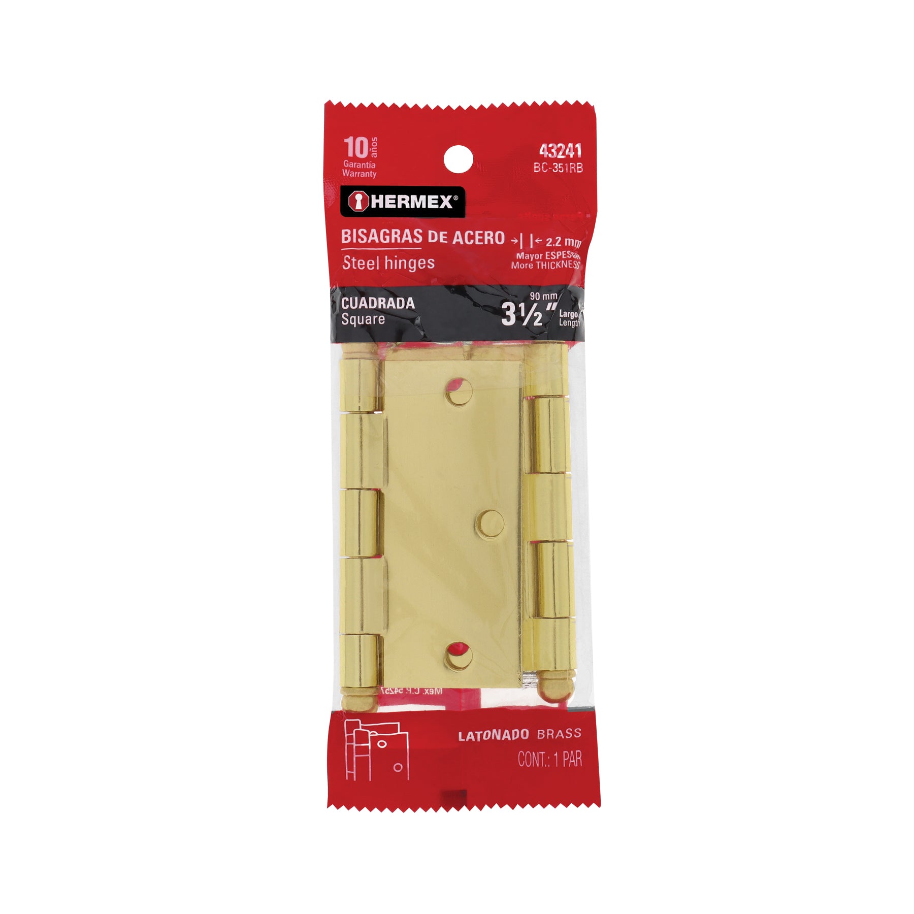 Bolsa 2 bisagras cuadradas 3-1/2" latonado, cabeza redonda