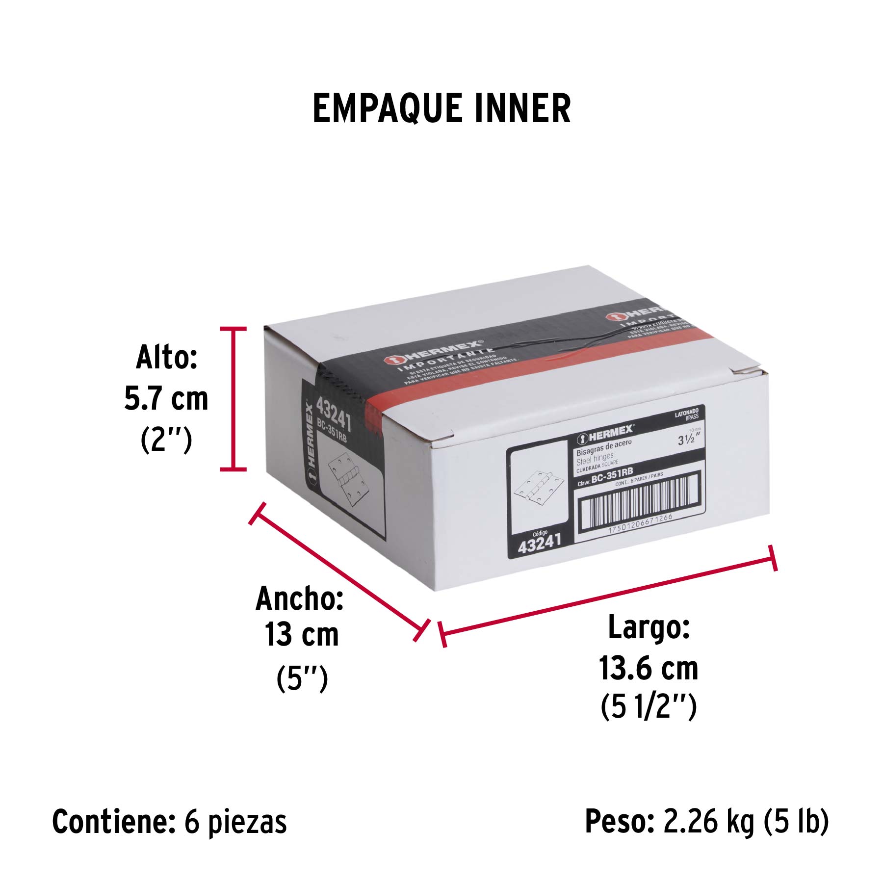 Bolsa 2 bisagras cuadradas 3-1/2" latonado, cabeza redonda - Empaque
