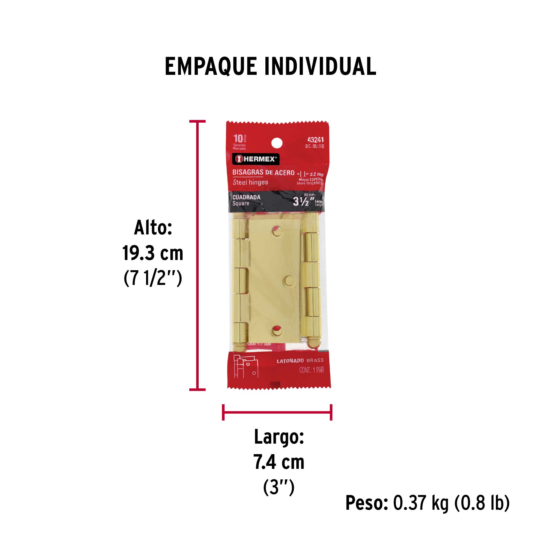Bolsa 2 bisagras cuadradas 3-1/2" latonado, cabeza redonda - Empaque
