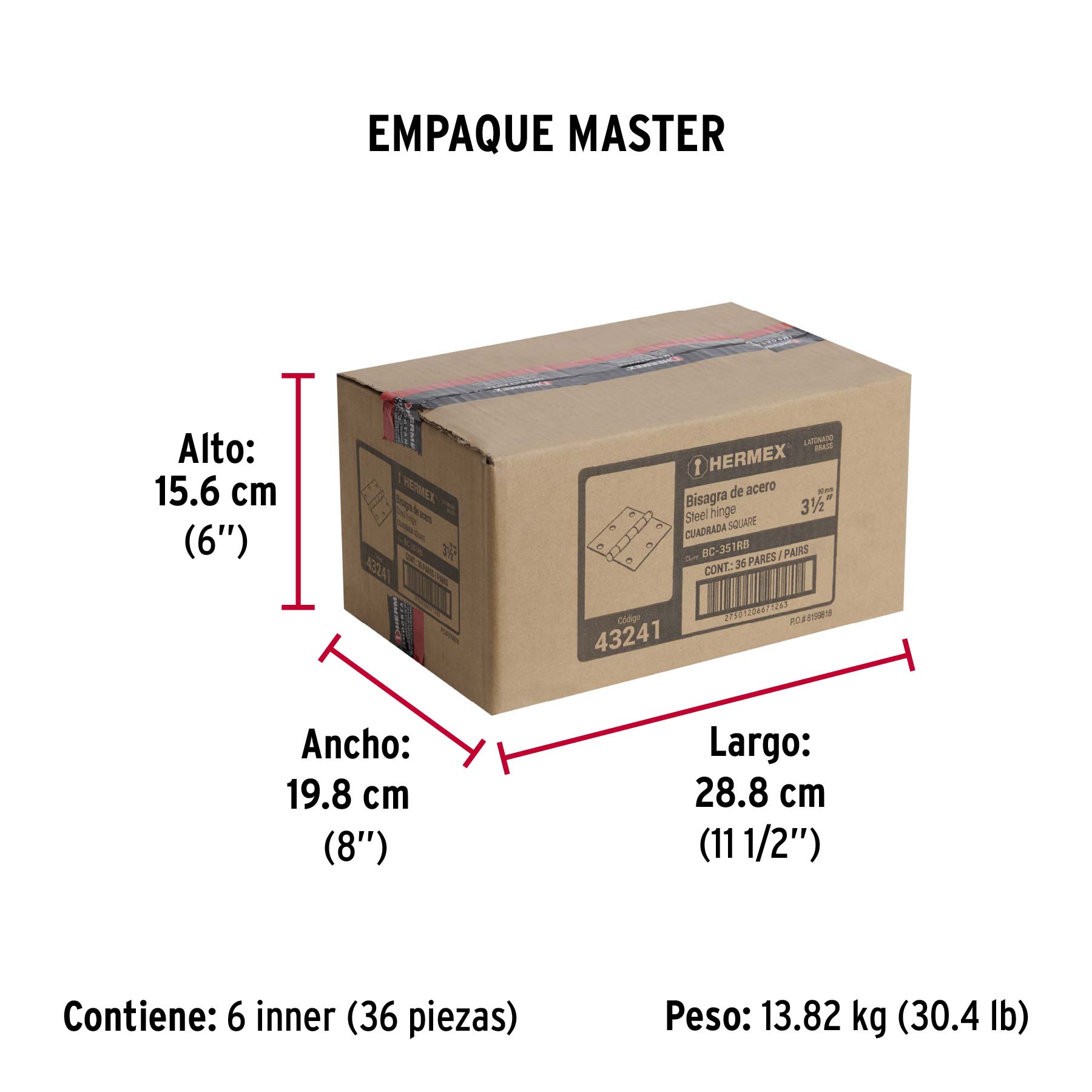 Bolsa 2 bisagras cuadradas 3-1/2" latonado, cabeza redonda - Empaque