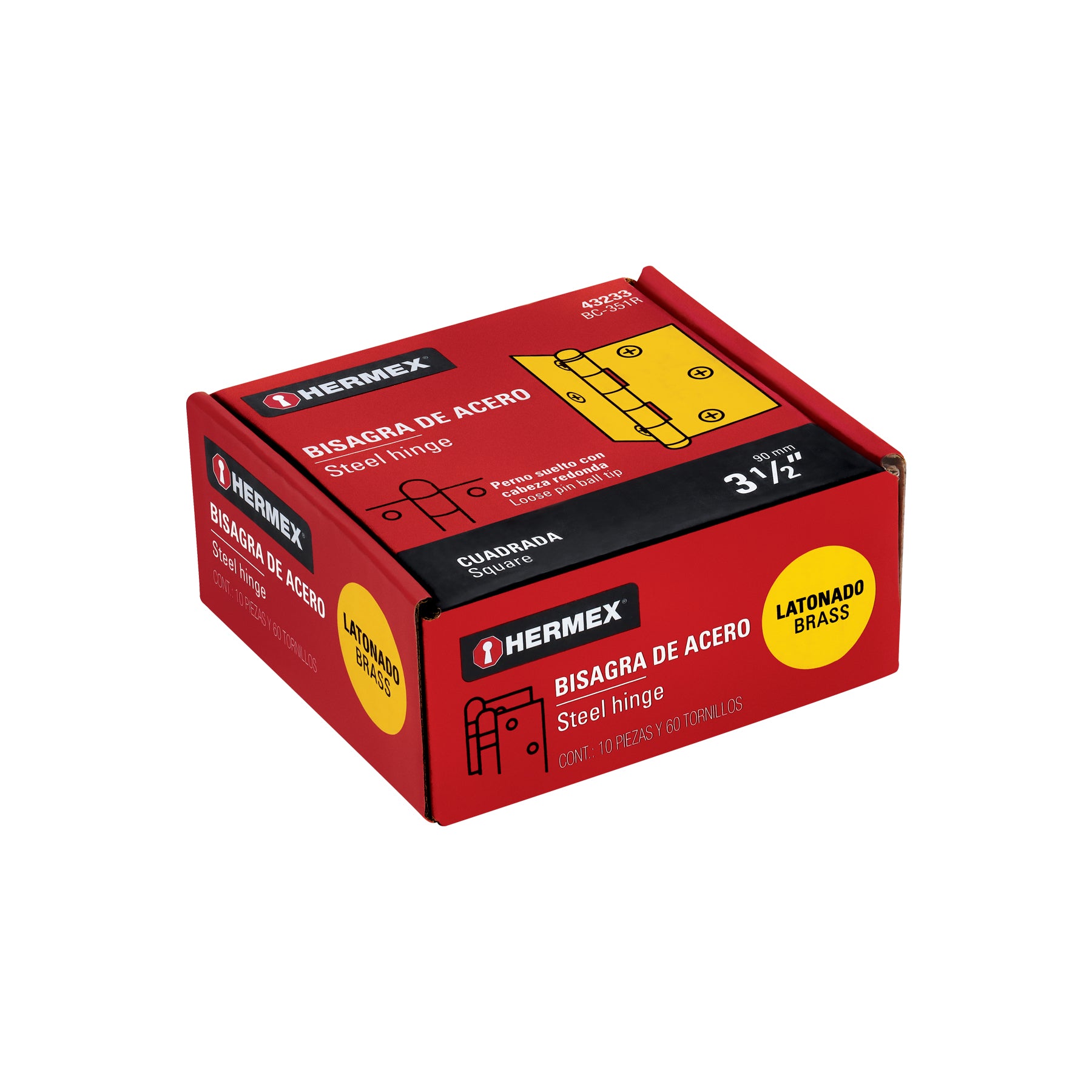 Bisagra cuadrada 3-1/2", latonado, cabeza redonda, HERMEX