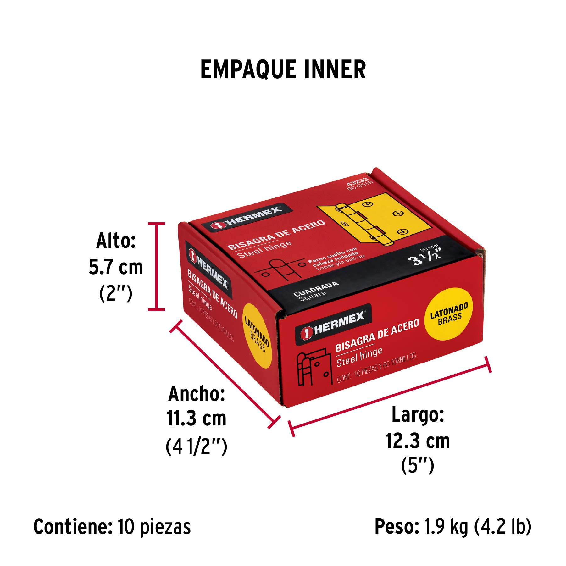 Bisagra cuadrada 3-1/2", latonado, cabeza redonda, HERMEX - Empaque