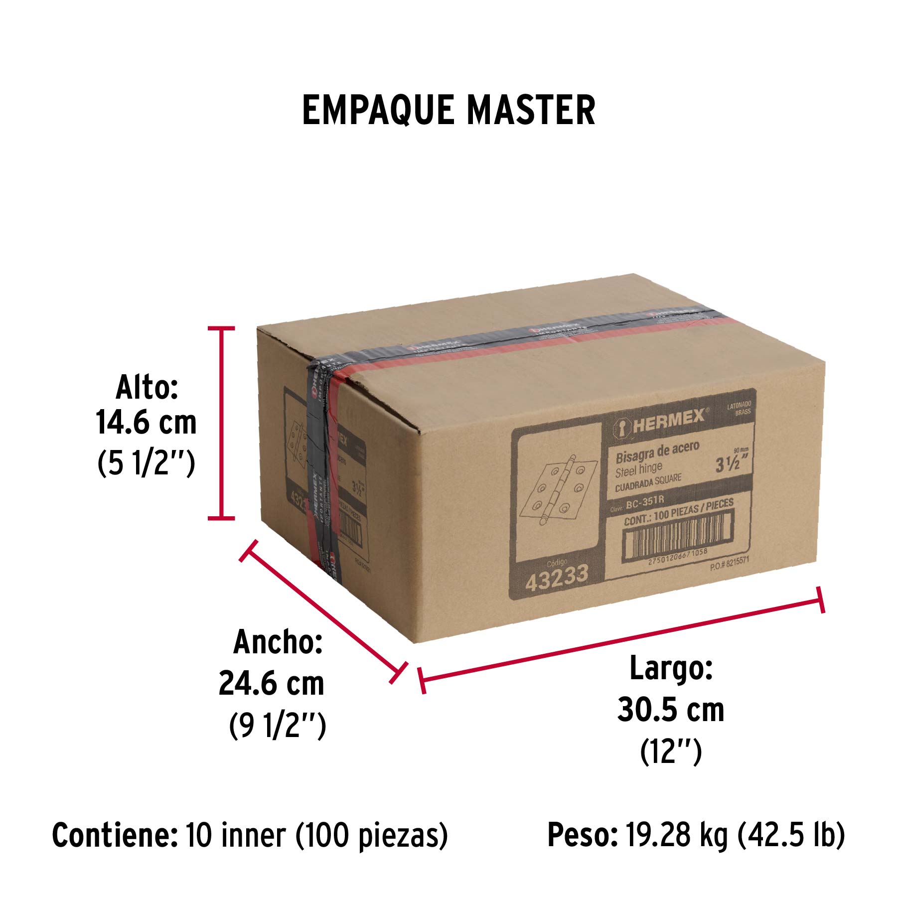 Bisagra cuadrada 3-1/2", latonado, cabeza redonda, HERMEX - Empaque