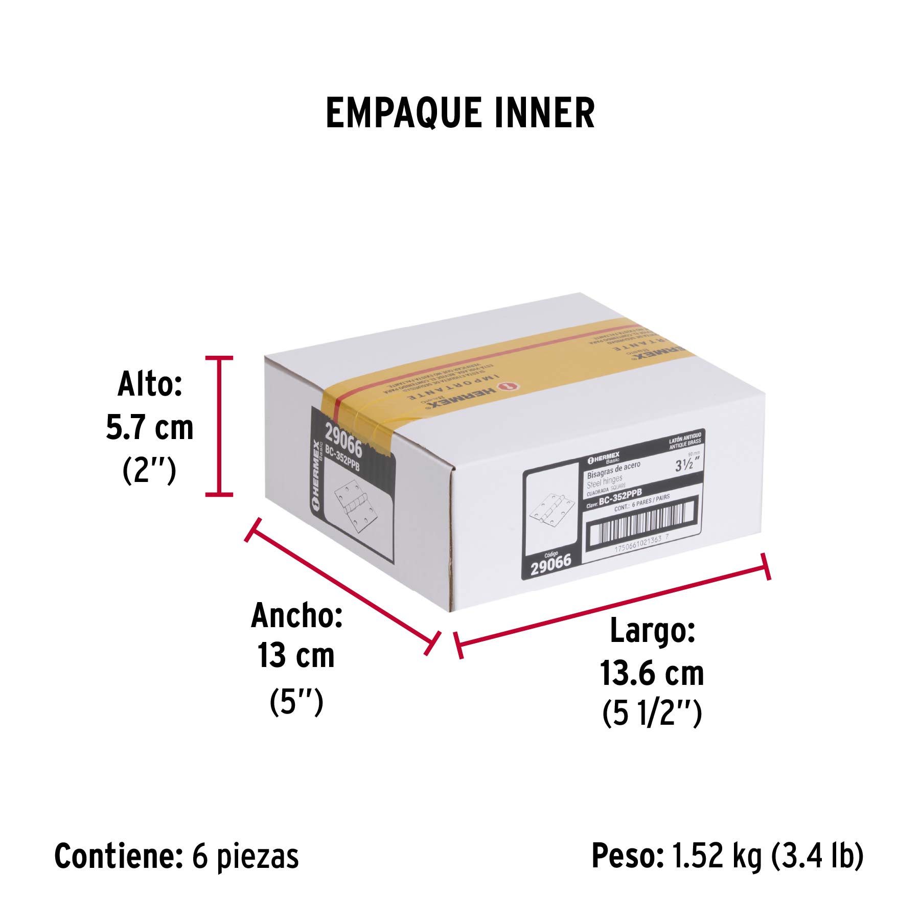 Bolsa c/2 bisagras cuadradas 3-1/2", plana, latón ant, BASIC - Empaque