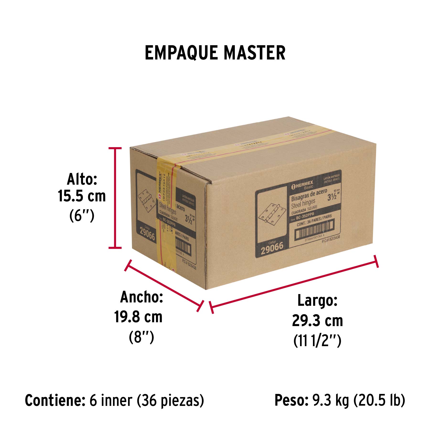 Bolsa c/2 bisagras cuadradas 3-1/2", plana, latón ant, BASIC - Empaque