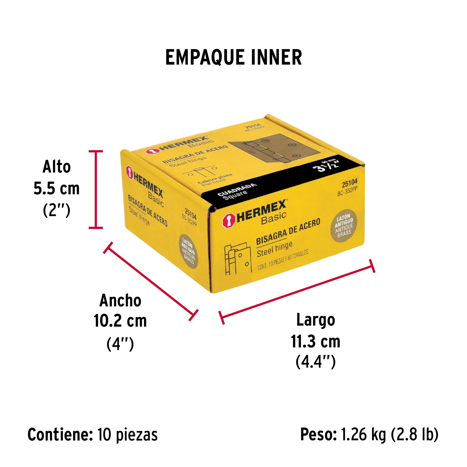 Bisagra cuadrada 3-1/2", latón antiguo, cabeza plana, BASIC - Empaque