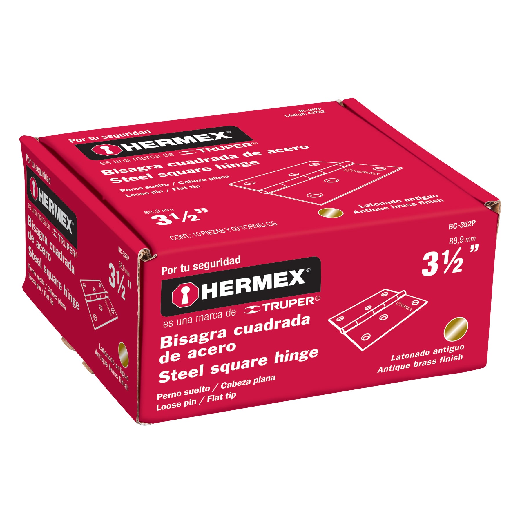 Bisagra cuadrada 3-1/2", latón antiguo, cabeza plana, HERMEX