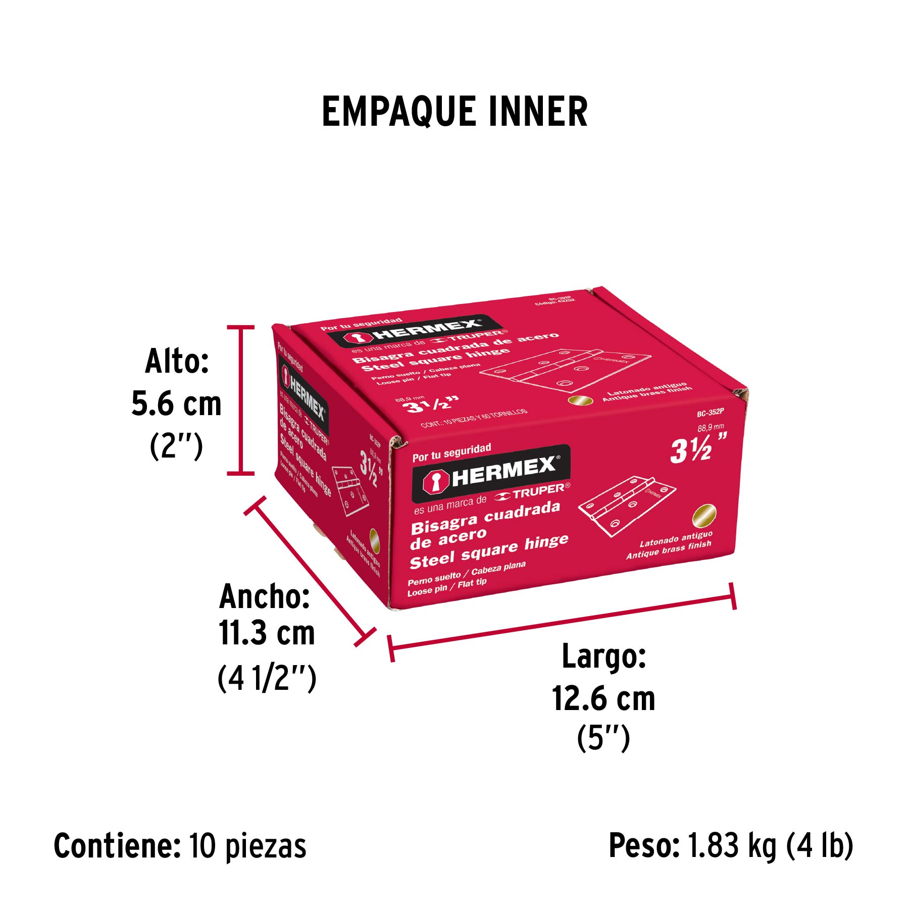 Bisagra cuadrada 3-1/2", latón antiguo, cabeza plana, HERMEX - Empaque