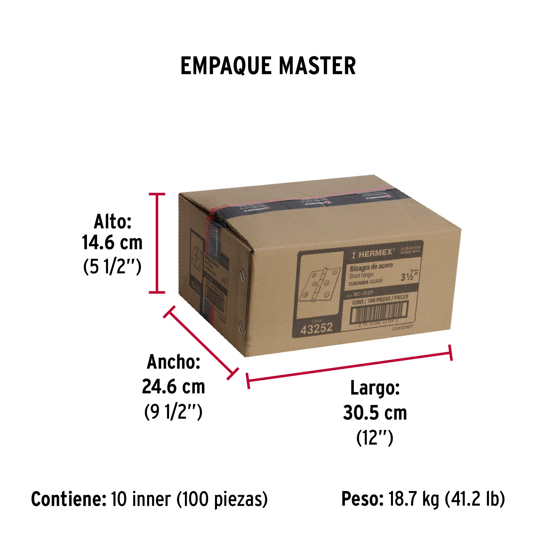 Bisagra cuadrada 3-1/2", latón antiguo, cabeza plana, HERMEX - Empaque