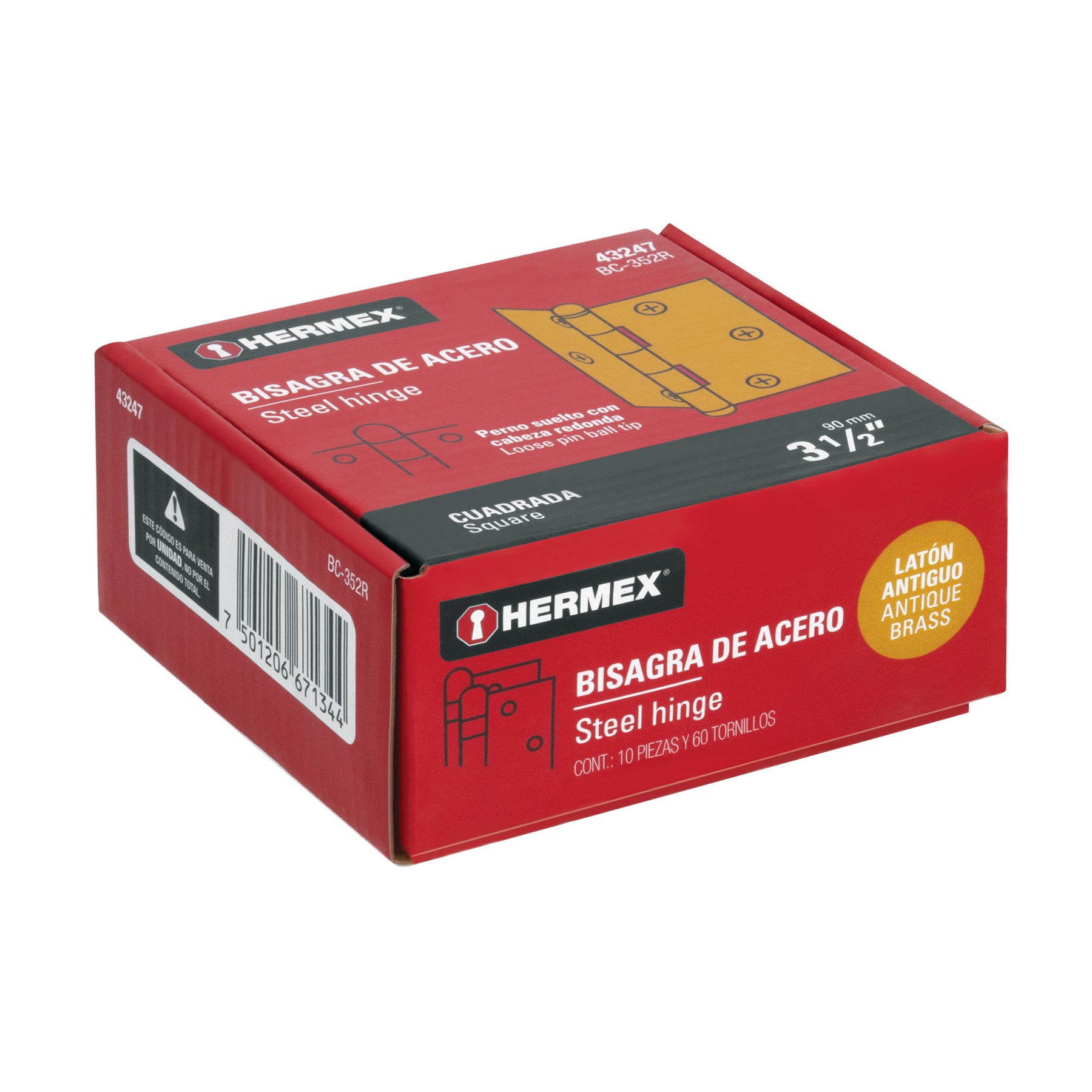 Bisagra cuadrada 3-1/2", latón antiguo, cabeza redonda