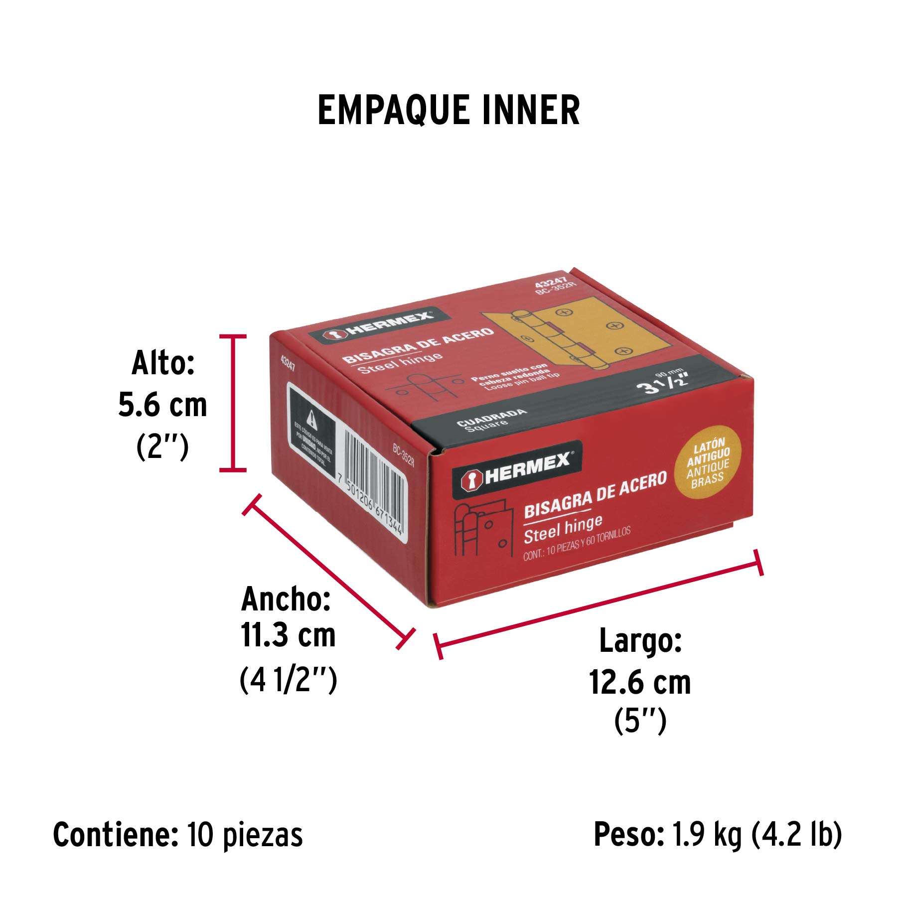 Bisagra cuadrada 3-1/2", latón antiguo, cabeza redonda - Empaque