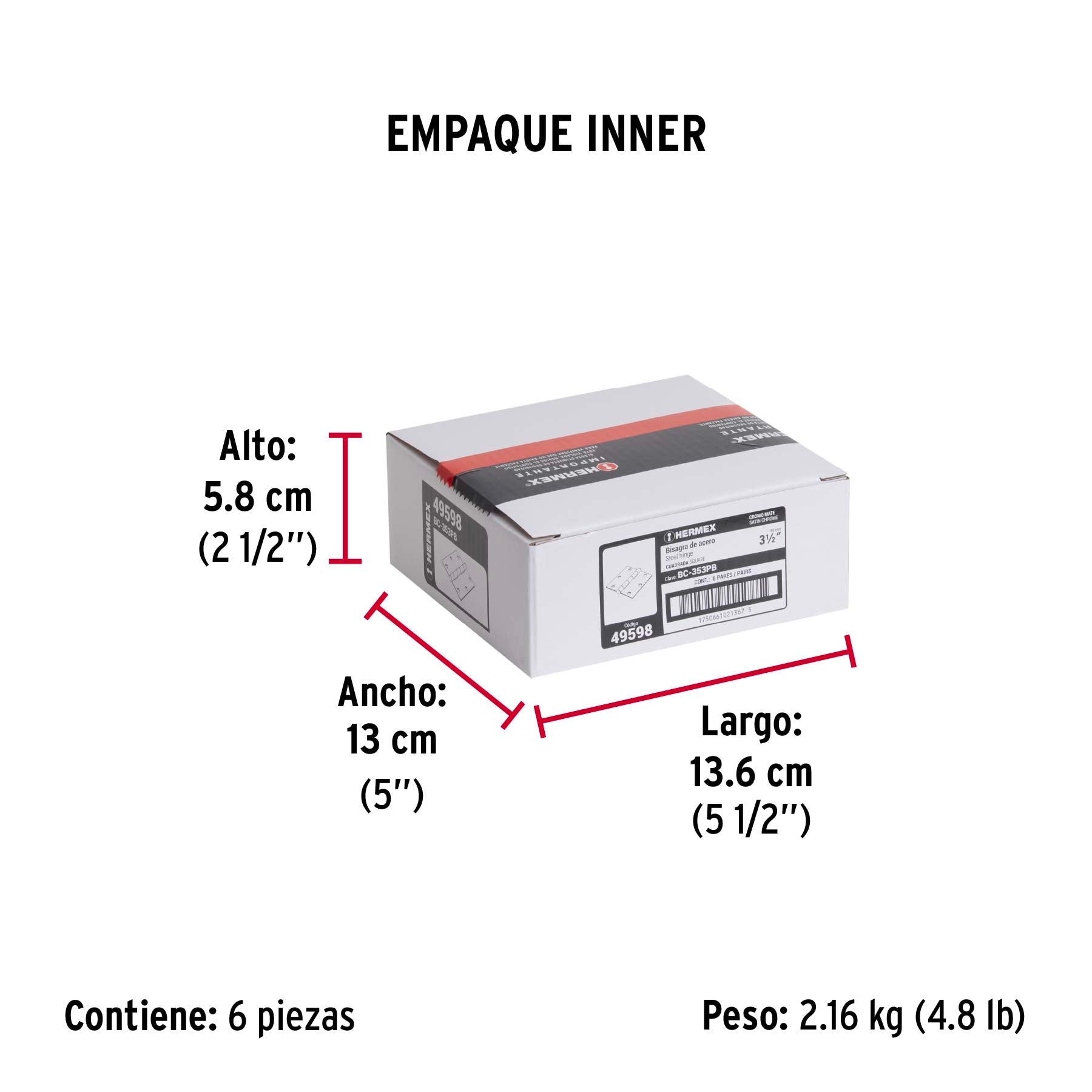 Bolsa 2 bisagras cuadradas 3-1/2" satinado, cabeza plana - Empaque