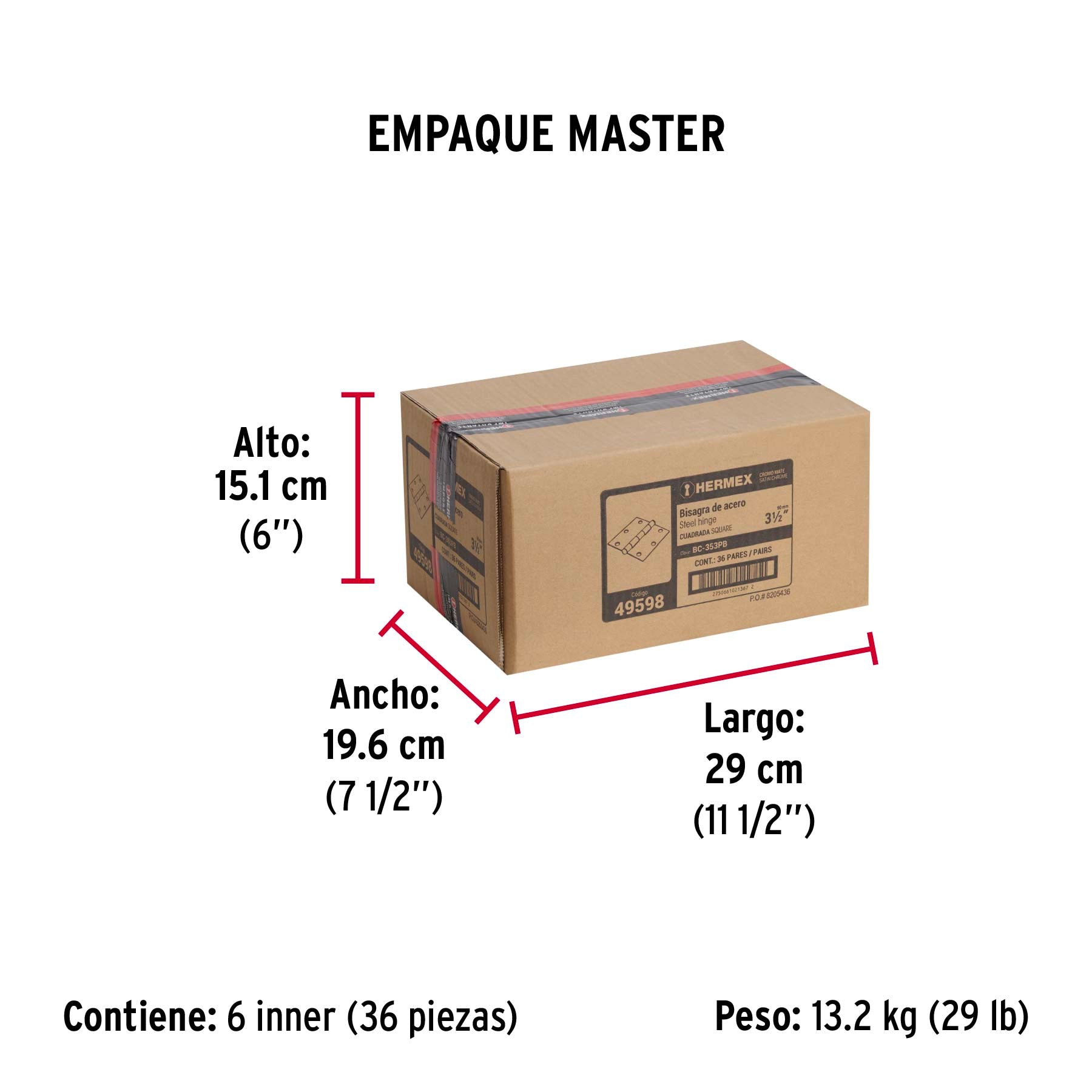 Bolsa 2 bisagras cuadradas 3-1/2" satinado, cabeza plana - Empaque