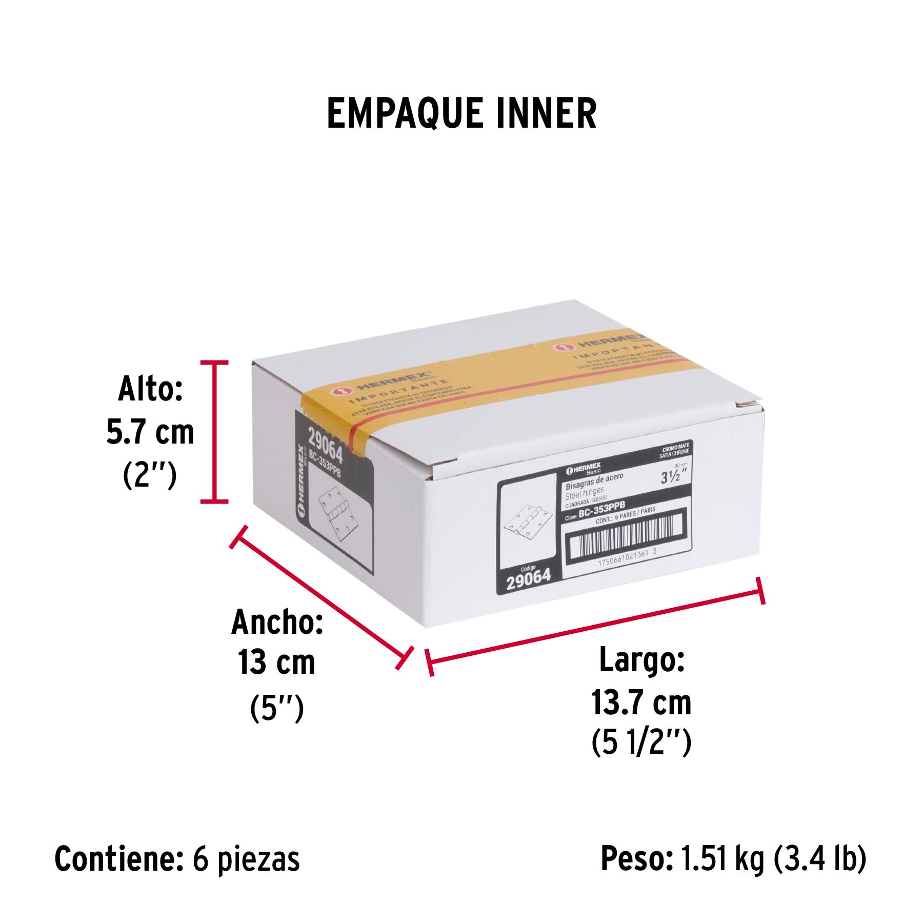 Bolsa c/2 bisagras cuadradas 3-1/2", plana, satinado, BASIC - Empaque