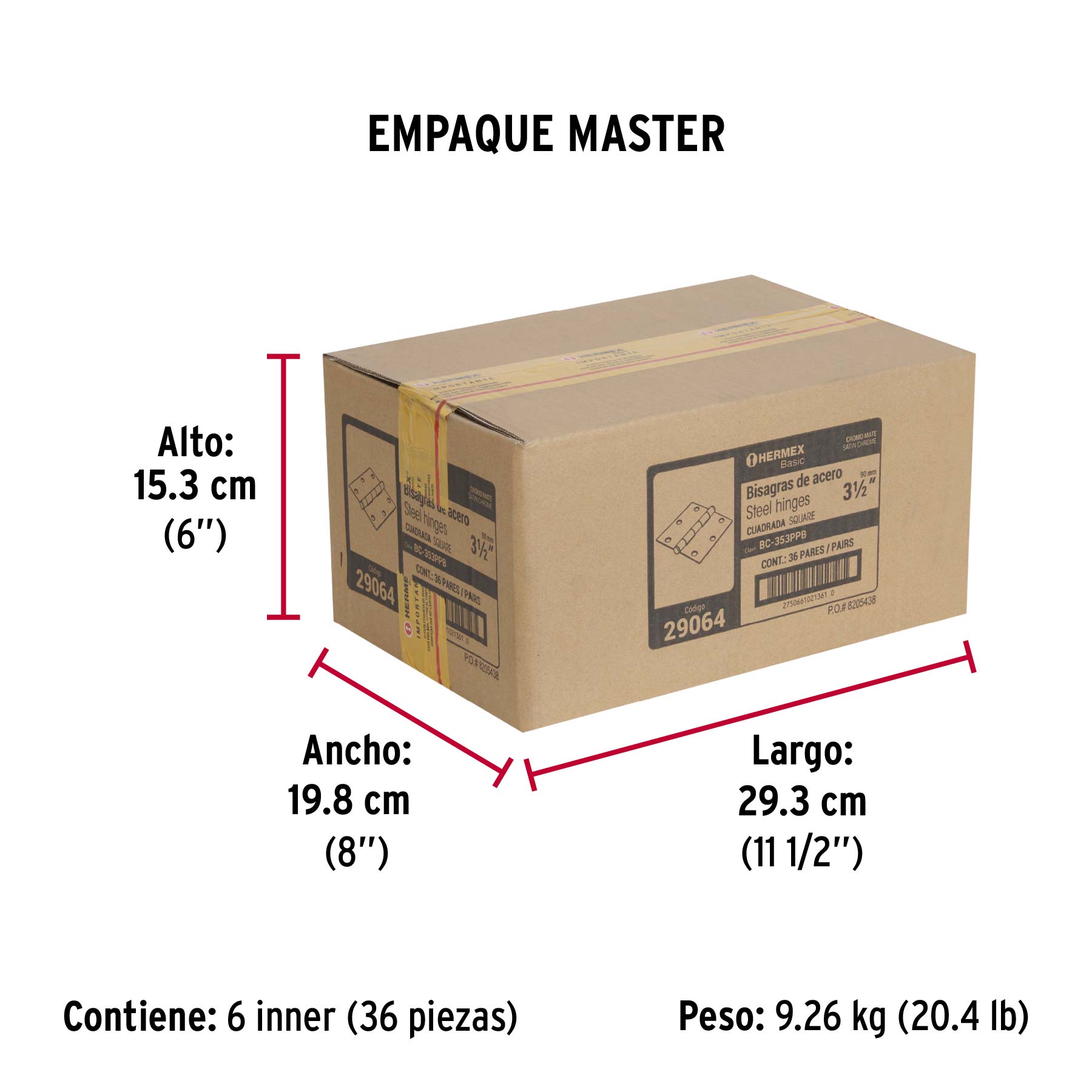 Bolsa c/2 bisagras cuadradas 3-1/2", plana, satinado, BASIC - Empaque