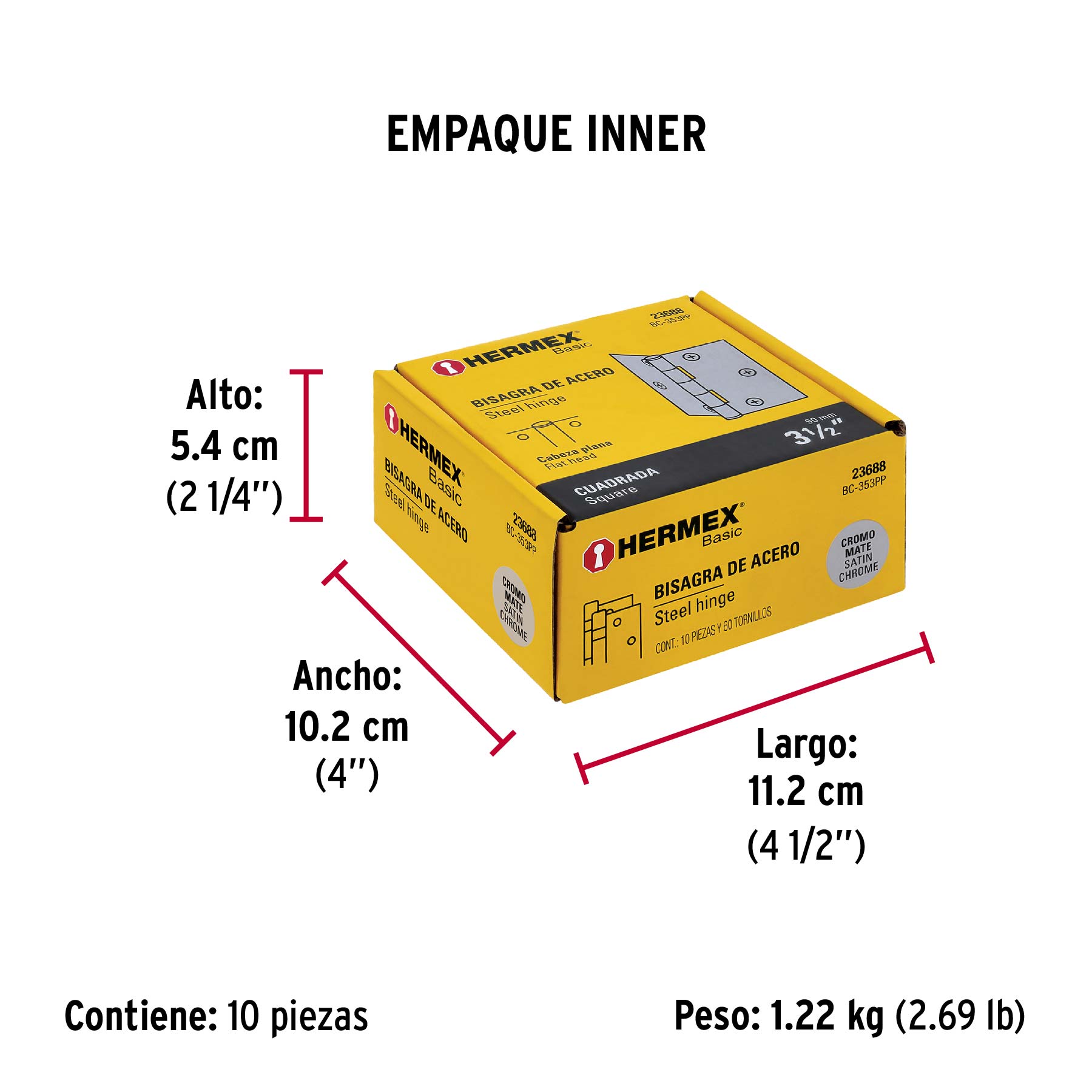 Bisagra cuadrada 3-1/2", satinado, cabeza plana, BASIC - Empaque