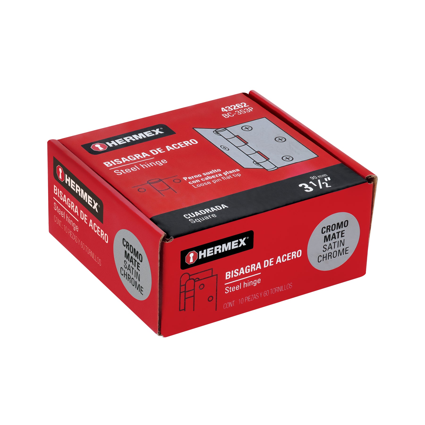Bisagra cuadrada 3-1/2", satinado, cabeza plana, HERMEX