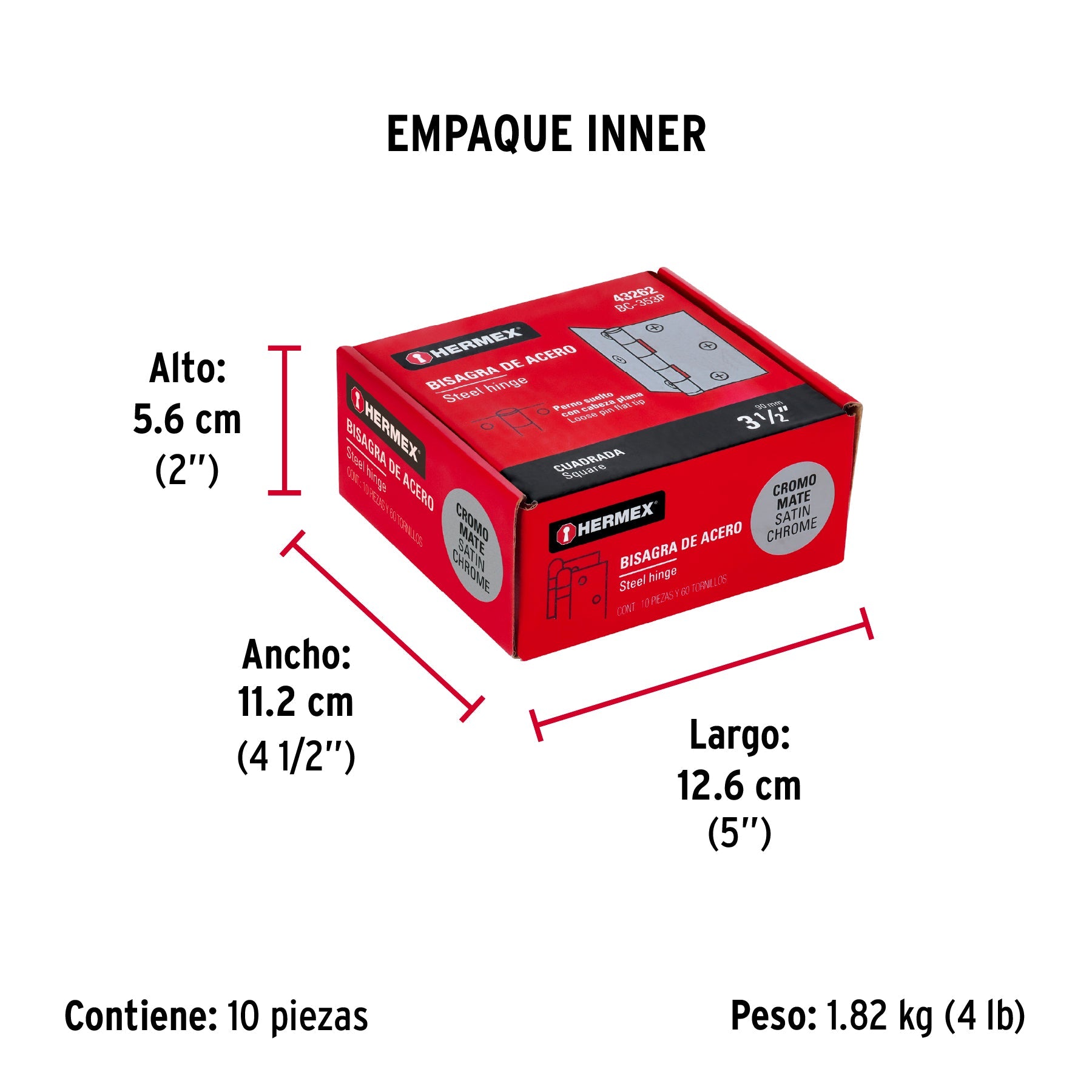 Bisagra cuadrada 3-1/2", satinado, cabeza plana, HERMEX - Empaque