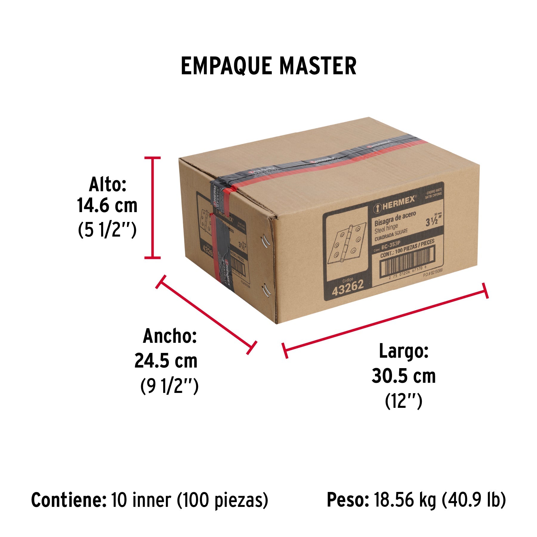 Bisagra cuadrada 3-1/2", satinado, cabeza plana, HERMEX - Empaque