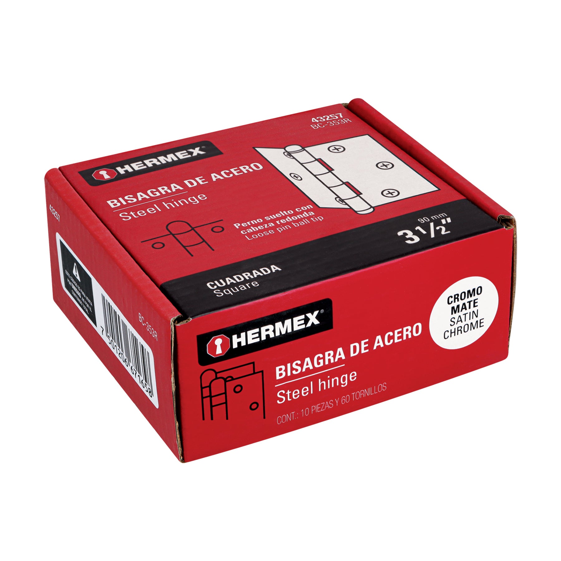 Bisagra cuadrada 3-1/2", satinado, cabeza redonda, HERMEX