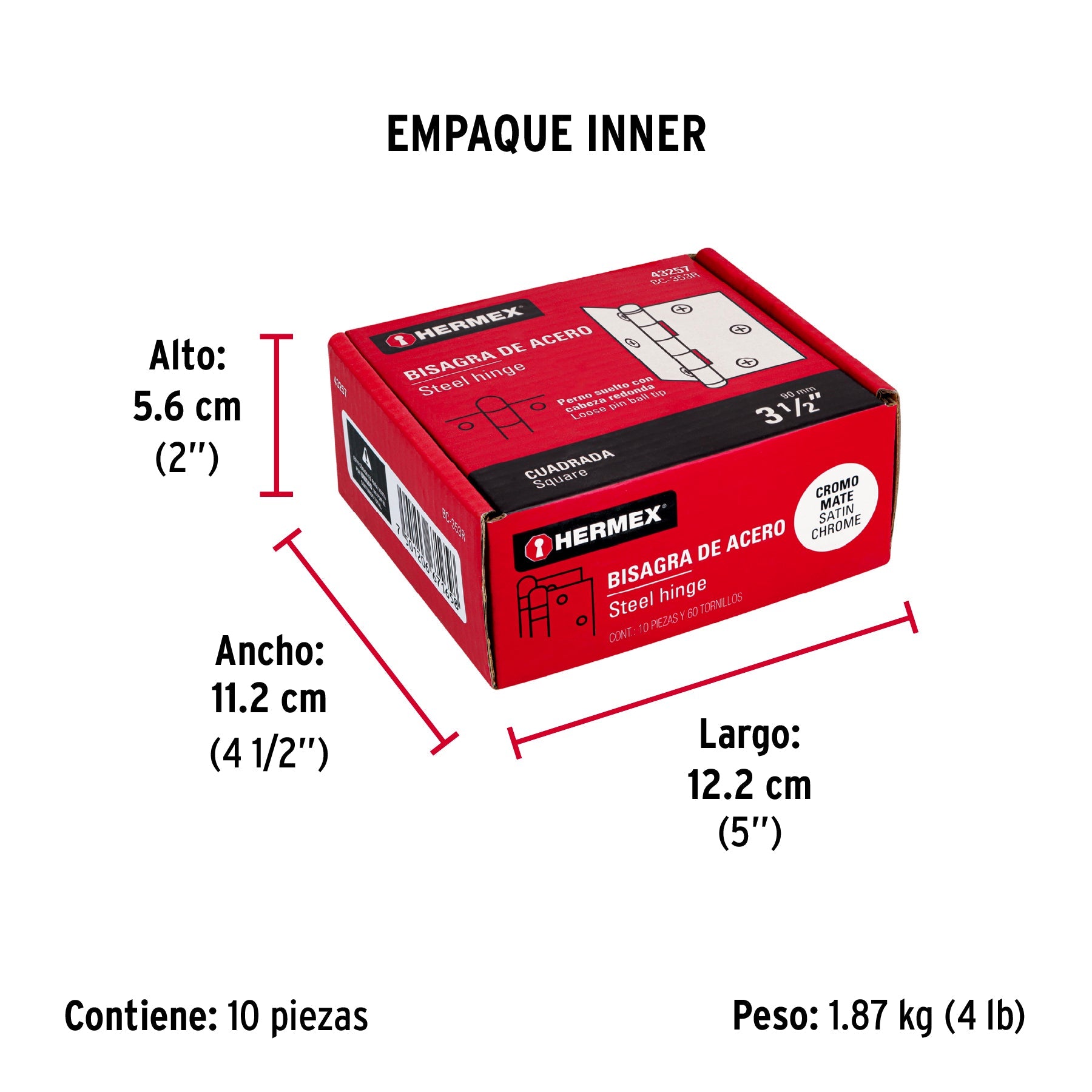 Bisagra cuadrada 3-1/2", satinado, cabeza redonda, HERMEX - Empaque