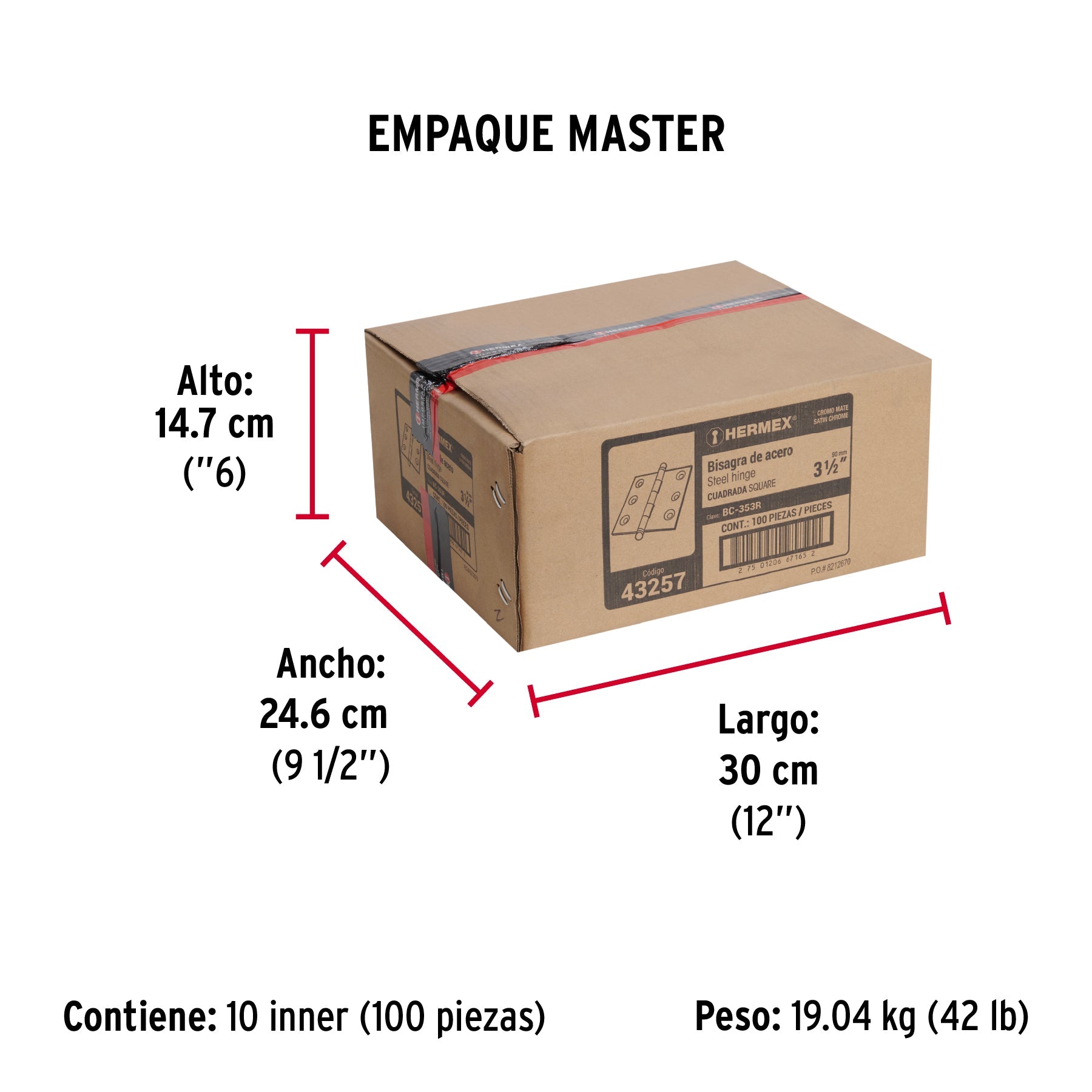 Bisagra cuadrada 3-1/2", satinado, cabeza redonda, HERMEX - Empaque