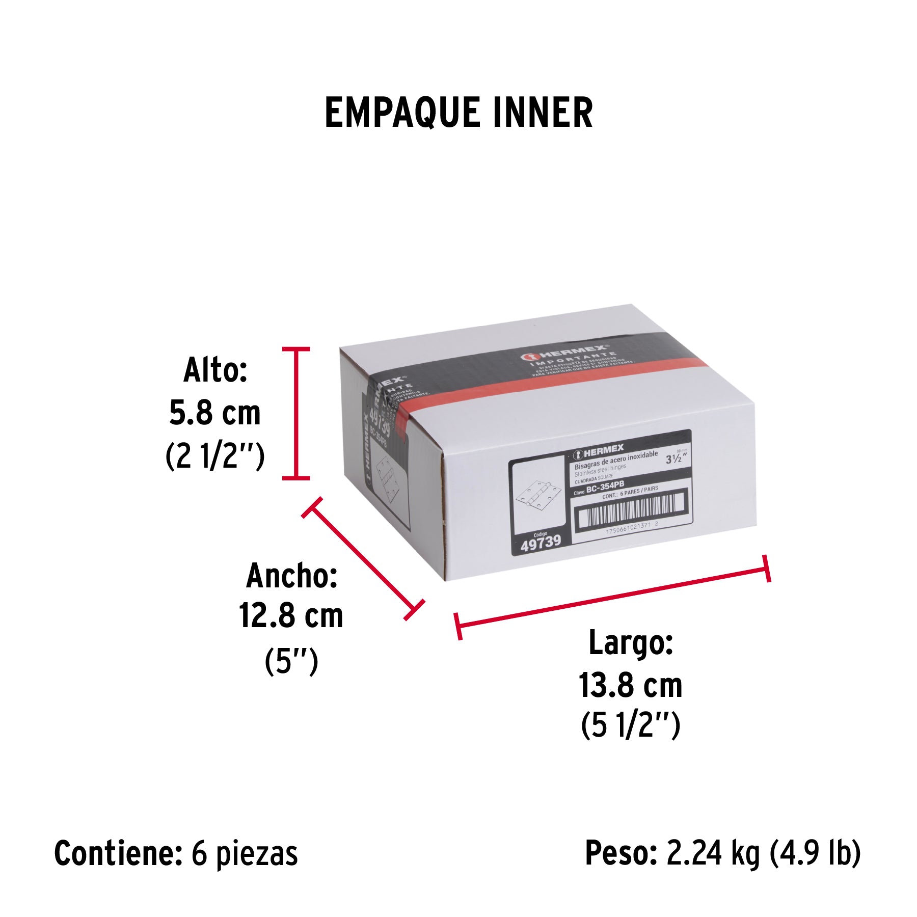 Bolsa 2 bisagras cuadradas 3-1/2" acero inox, cabeza plana - Empaque