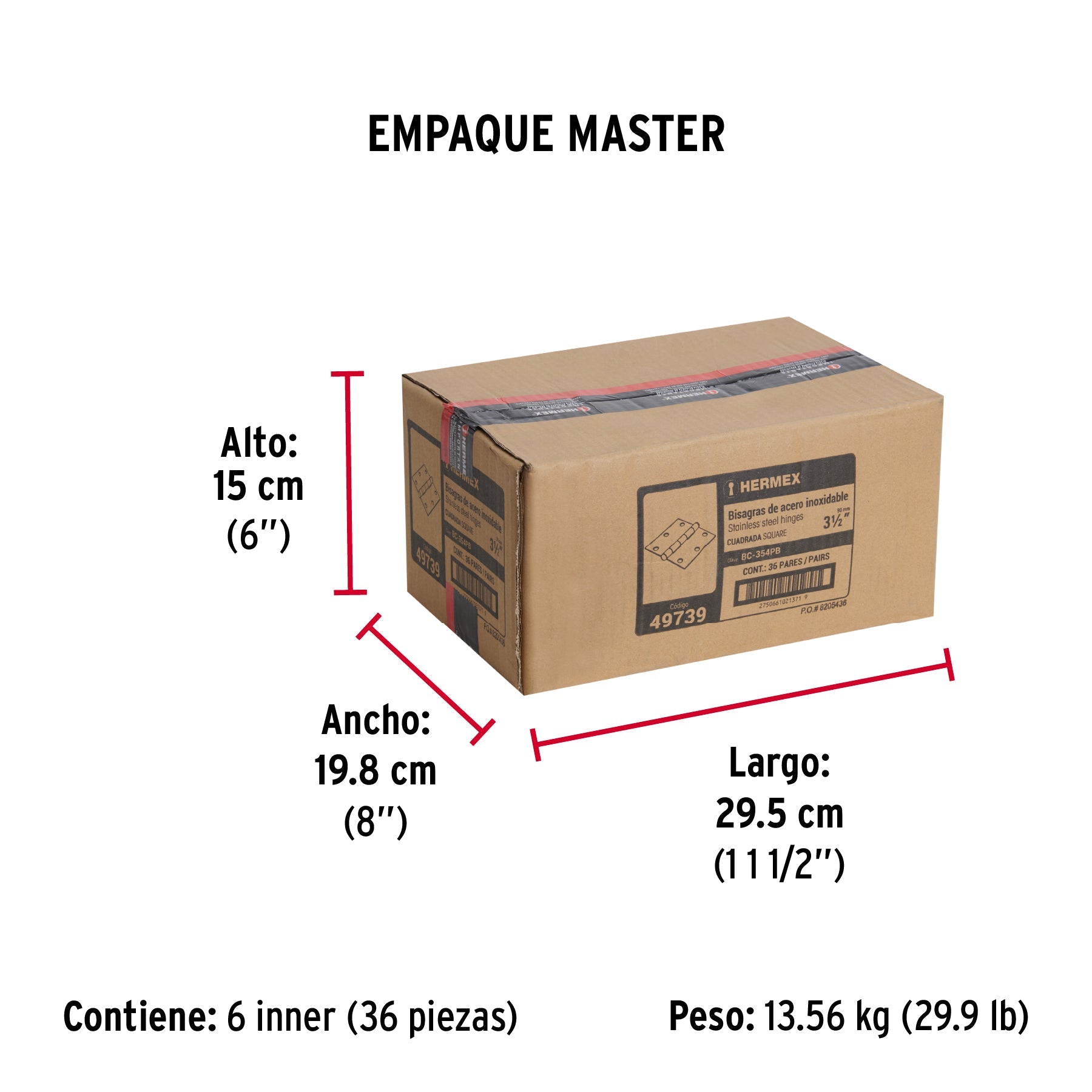 Bolsa 2 bisagras cuadradas 3-1/2" acero inox, cabeza plana - Empaque