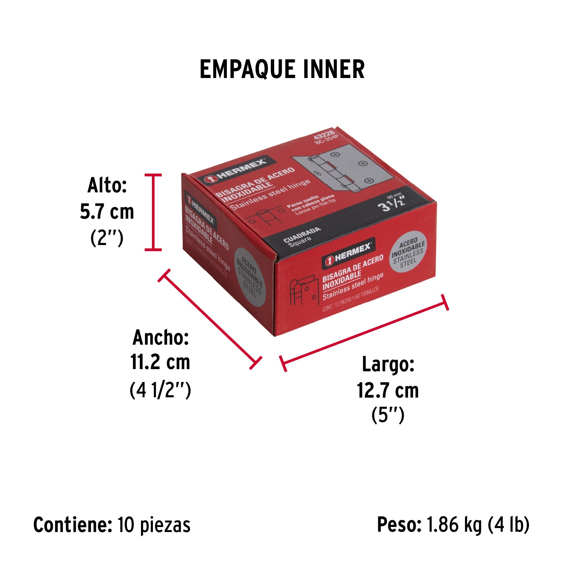 Bisagra cuadrada 3-1/2" acero inox, cabeza plana, HERMEX - Empaque