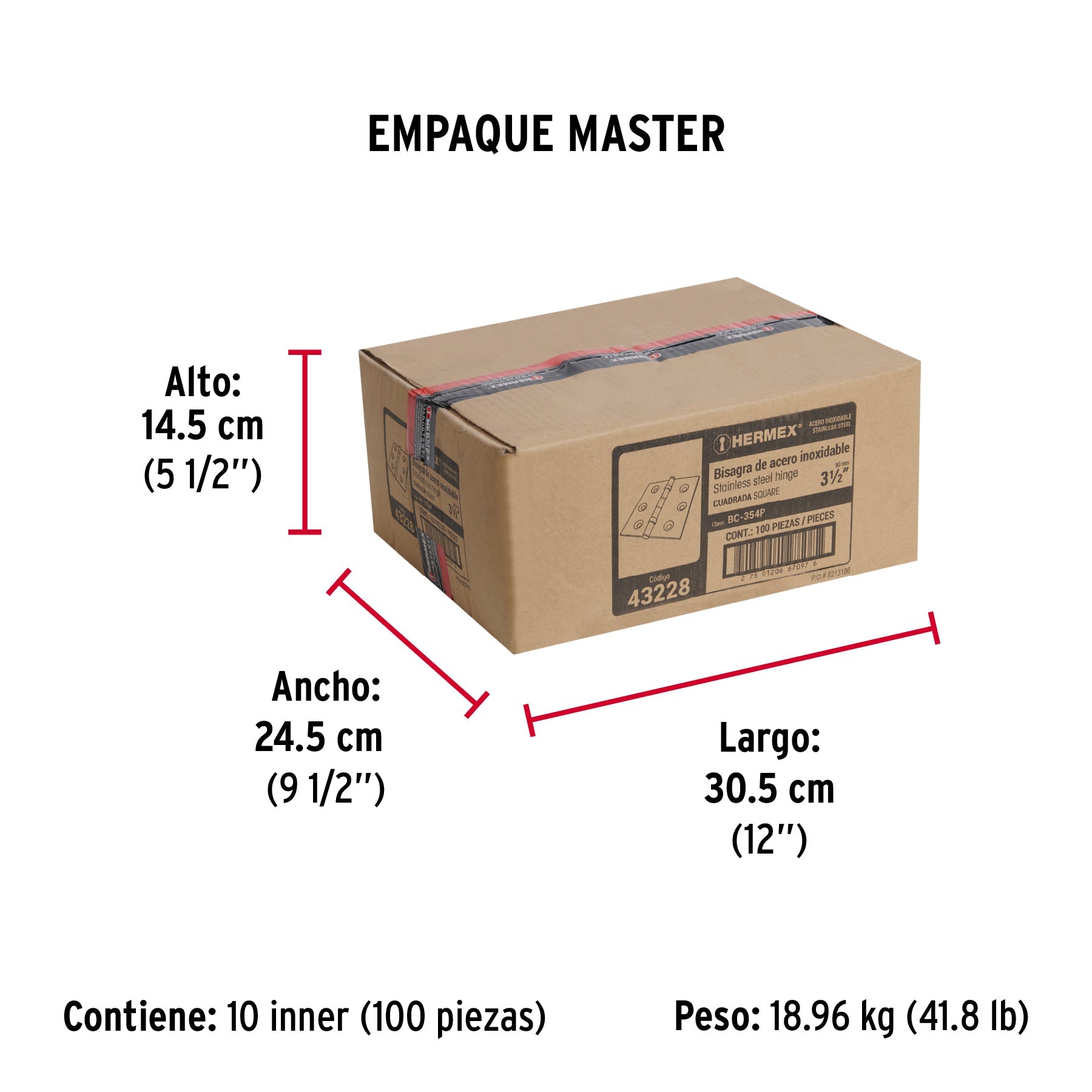 Bisagra cuadrada 3-1/2" acero inox, cabeza plana, HERMEX - Empaque