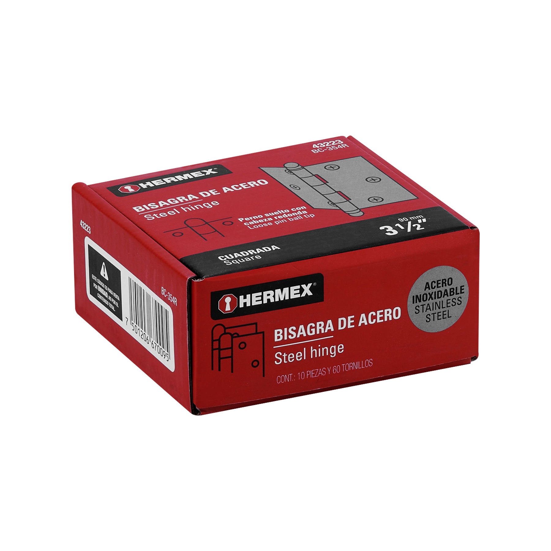 Bisagra cuadrada 3-1/2" acero inox, cabeza redonda, HERMEX