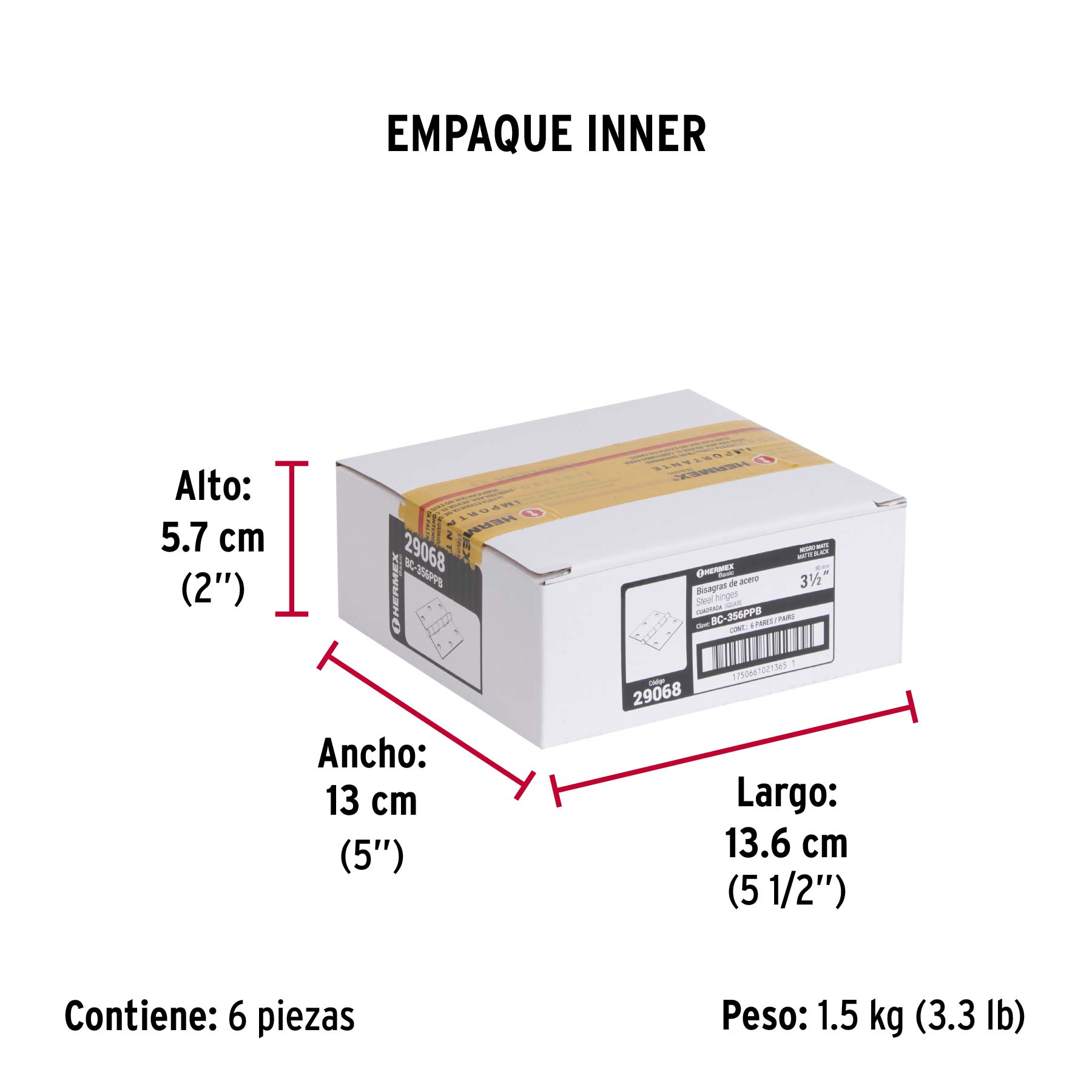 Bolsa c/2 bisagras cuadradas 3-1/2", plana, negro, BASIC - Empaque