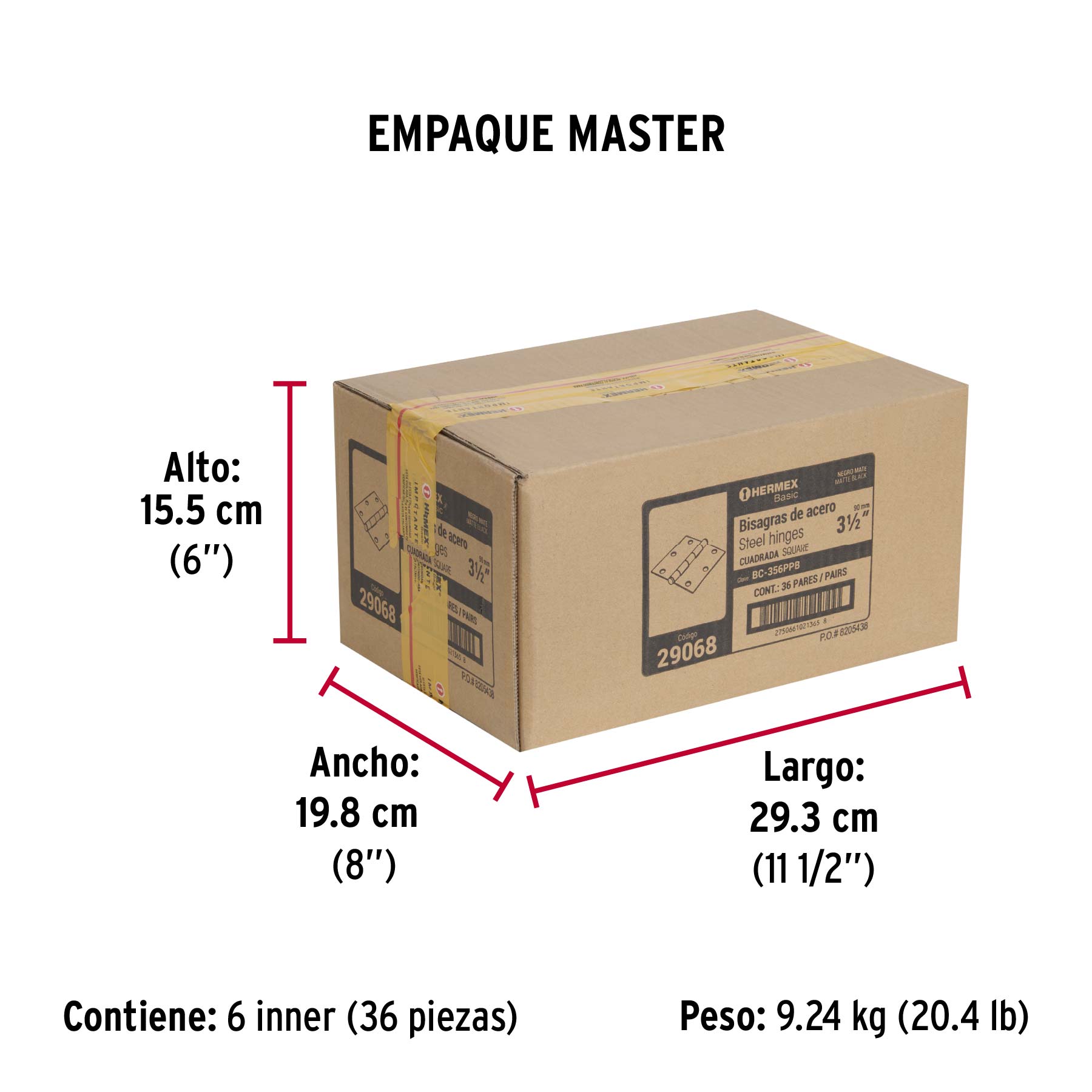 Bolsa c/2 bisagras cuadradas 3-1/2", plana, negro, BASIC - Empaque