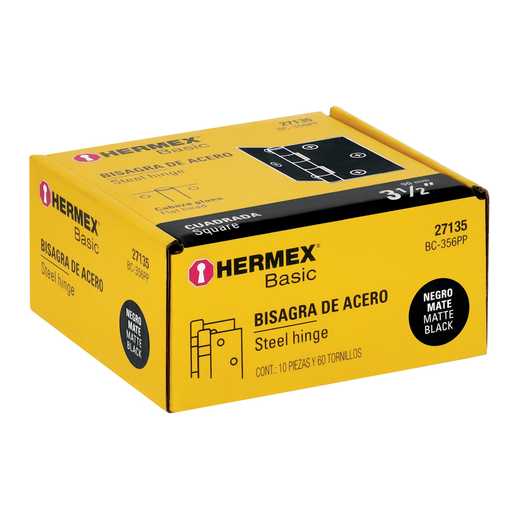 Bisagra cuadrada 3-1/2", negro mate, cabeza plana, BASIC