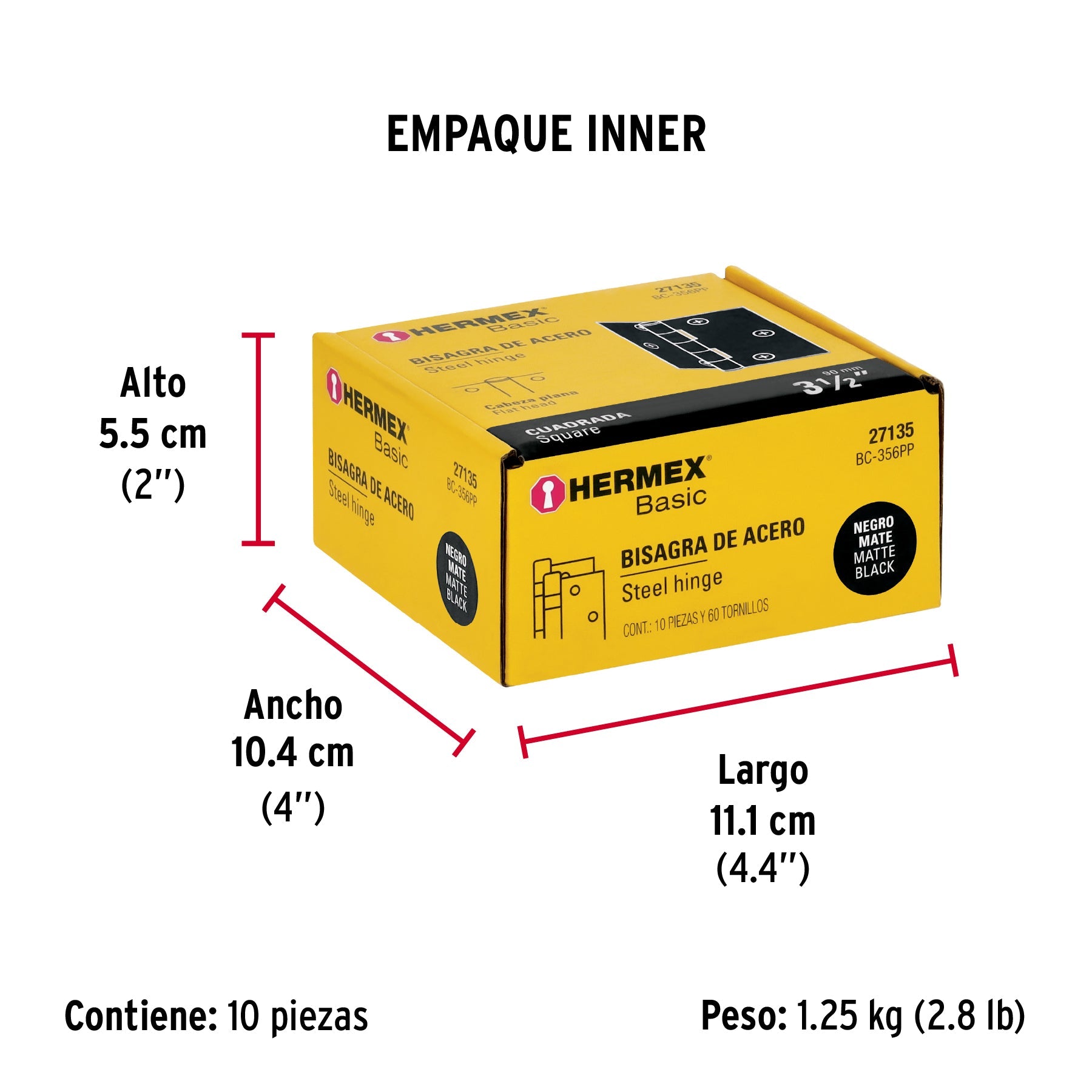 Bisagra cuadrada 3-1/2", negro mate, cabeza plana, BASIC - Empaque
