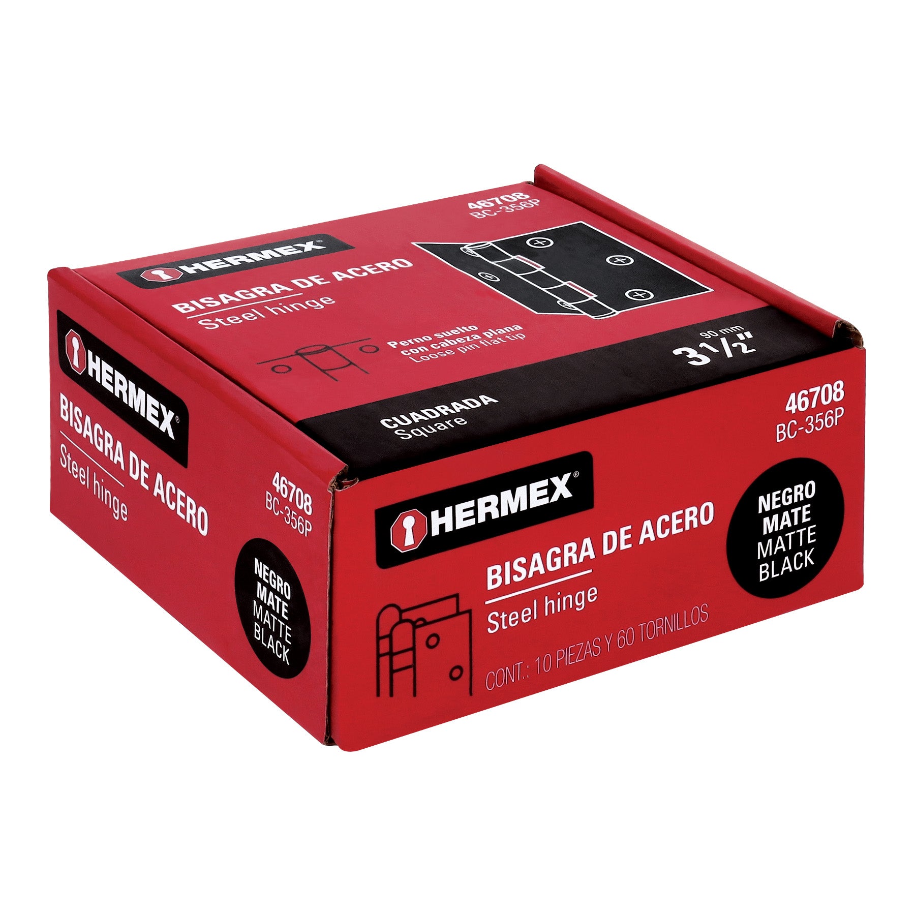 Bisagra cuadrada 3 1/2", negro mate, cabeza plana, HERMEX