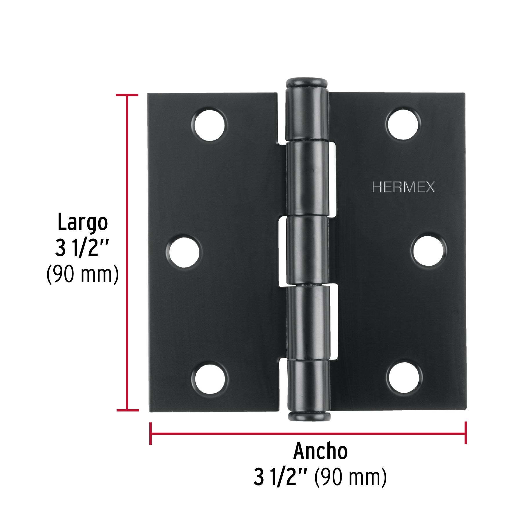 Bisagra cuadrada 3 1/2", negro mate, cabeza plana, HERMEX